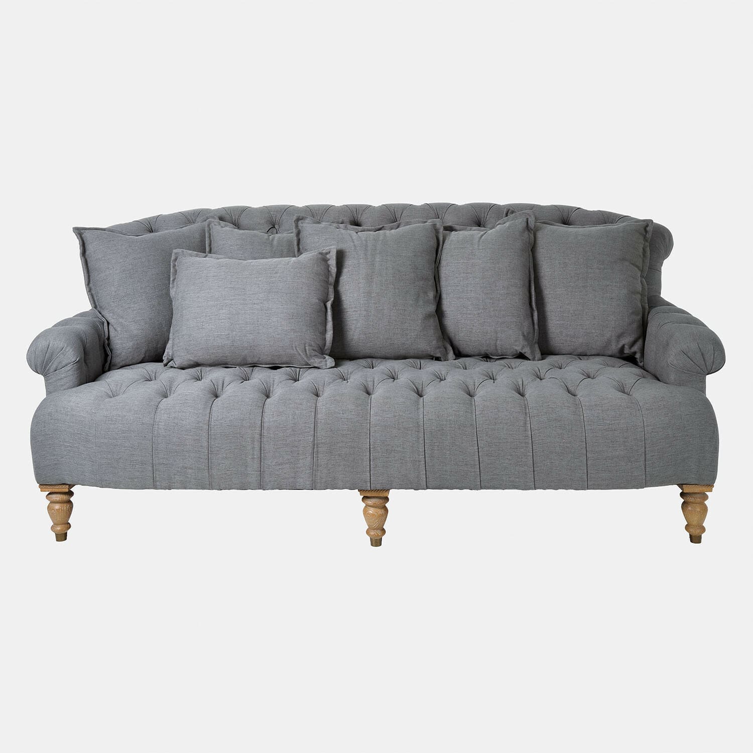 Sofa Springfield Village Szara tapicerowana sofa z tkaniny z poduszkami i drewnianymi nogami, wygodne meble do salonu