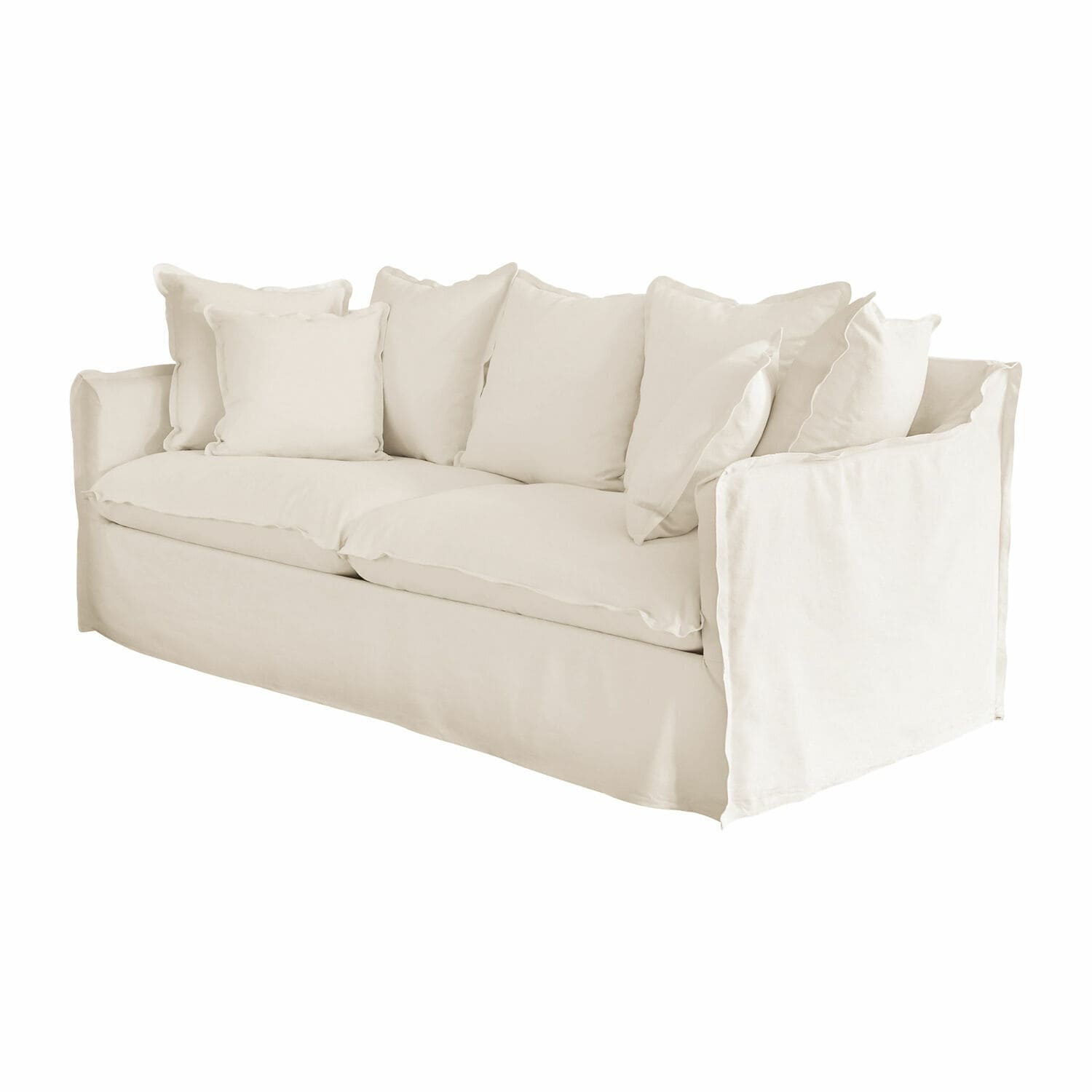 Sofa Tienen Beżowa sofa z bawełnianym pokryciem i miękkimi poduszkami do salonu i wypoczynku