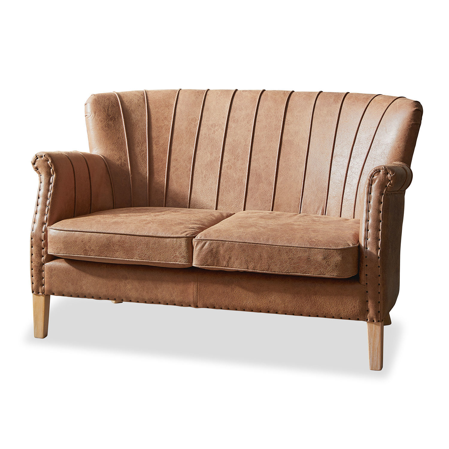 Sofa Brookfield Dwumiejscowa sofa z brązowej skóry ekologicznej z ozdobnymi przeszyciami i drewnianymi nogami