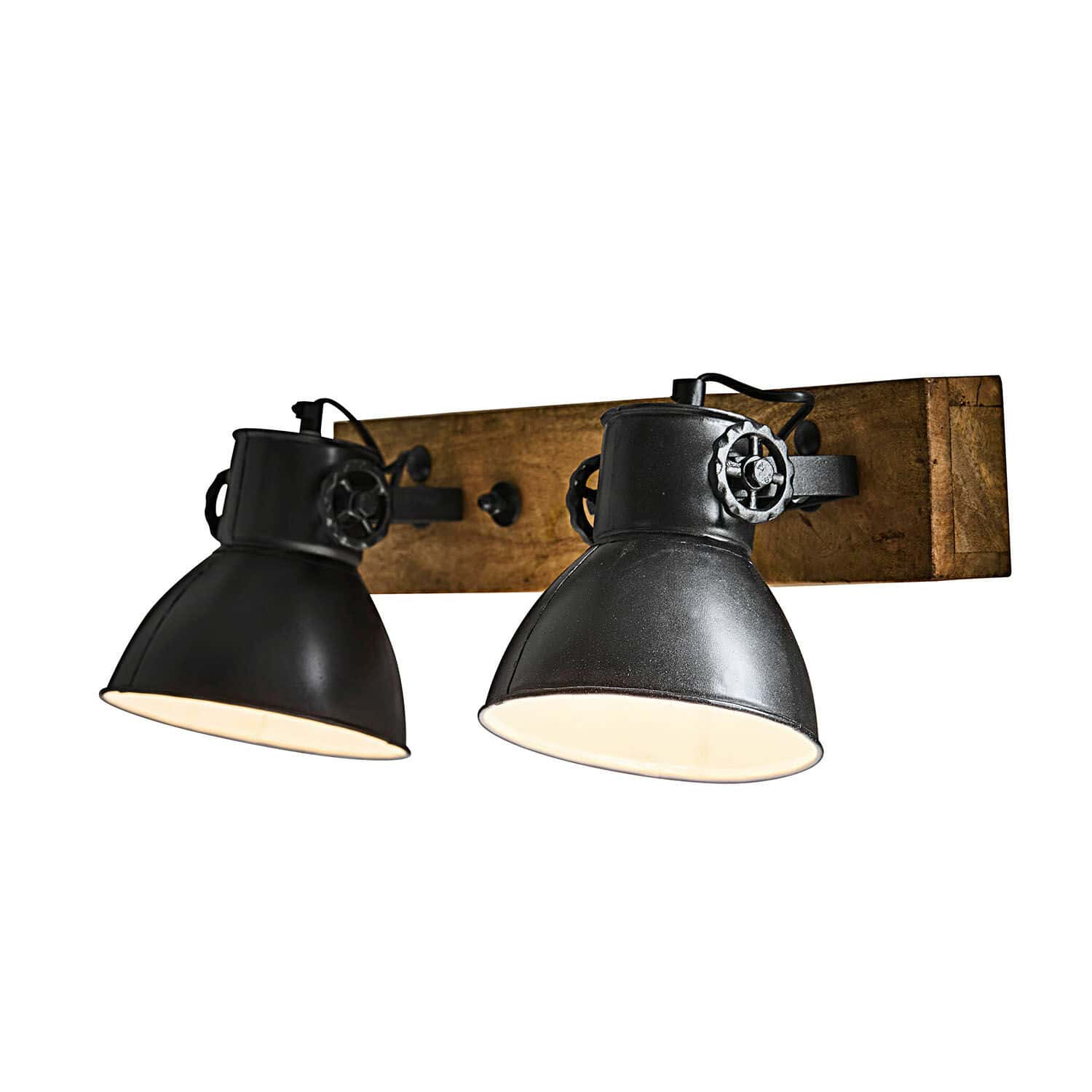 Kinkiet Périgné Czarna metalowa lampa ścienna z dwoma regulowanymi kloszami na drewnianej podstawie, oświetlenie industrialne