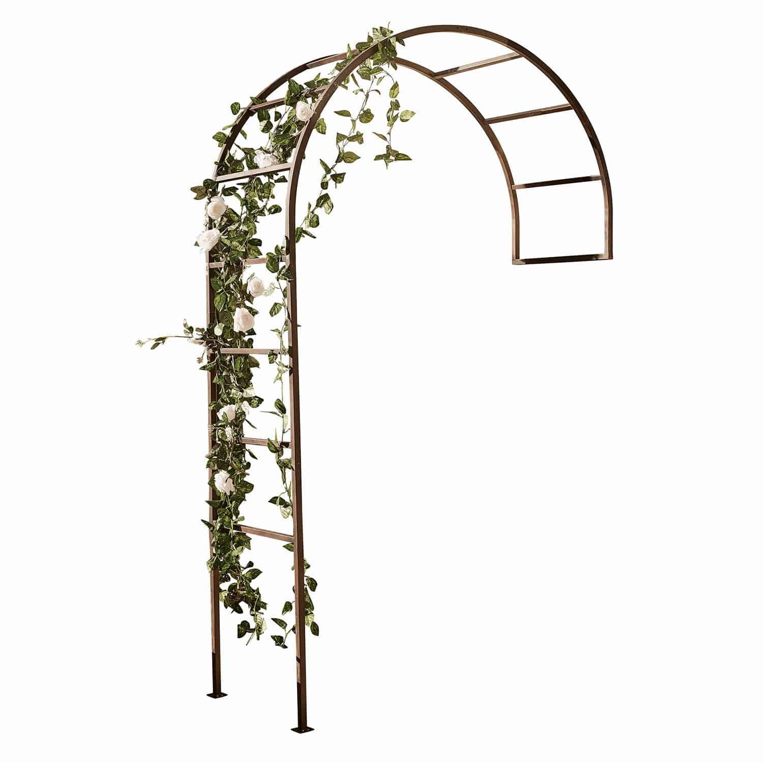 Pergola ogrodowa Auburn Metalowa łukowa pergola w kolorze brązowym z zielonymi liśćmi i białymi kwiatami do ogrodu