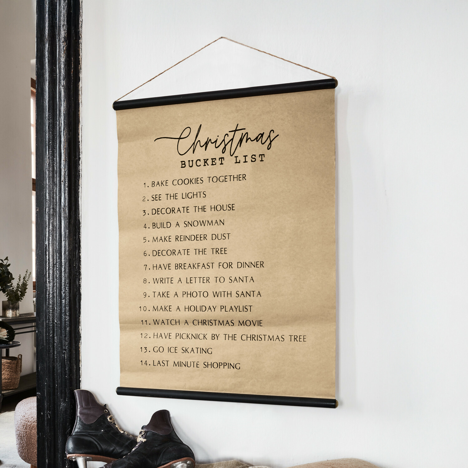Obraz Christmas Bucket List Dekoracyjny plakat ścienny z listą zadań na Boże Narodzenie na brązowym papierze z czarnym uchwytem