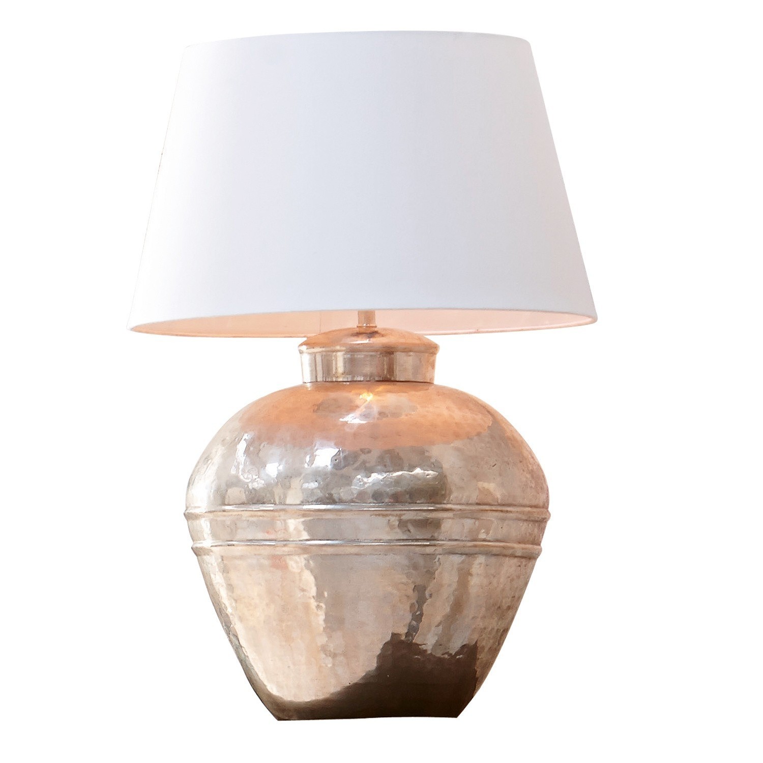 Lampa stołowa Madison Lampa stołowa z młotkowanego metalu w kolorze miedzianym z białym abażurem, dekoracyjna lampa do salonu