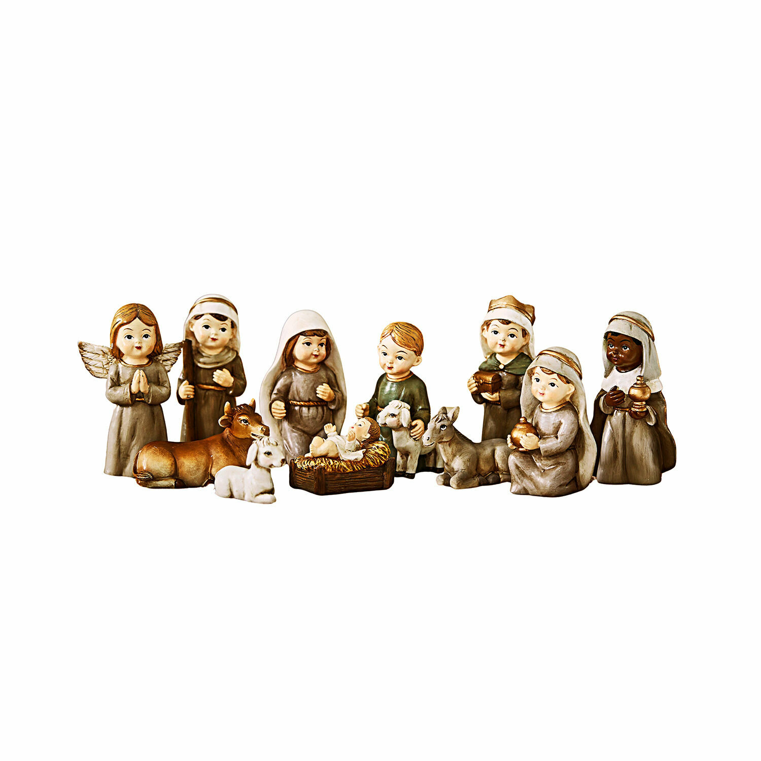 Figurki do szopki, zestaw 11 szt. Kittalee Zestaw figurek szopki bożonarodzeniowej z ceramiki w naturalnych kolorach, dekoracja świąteczna