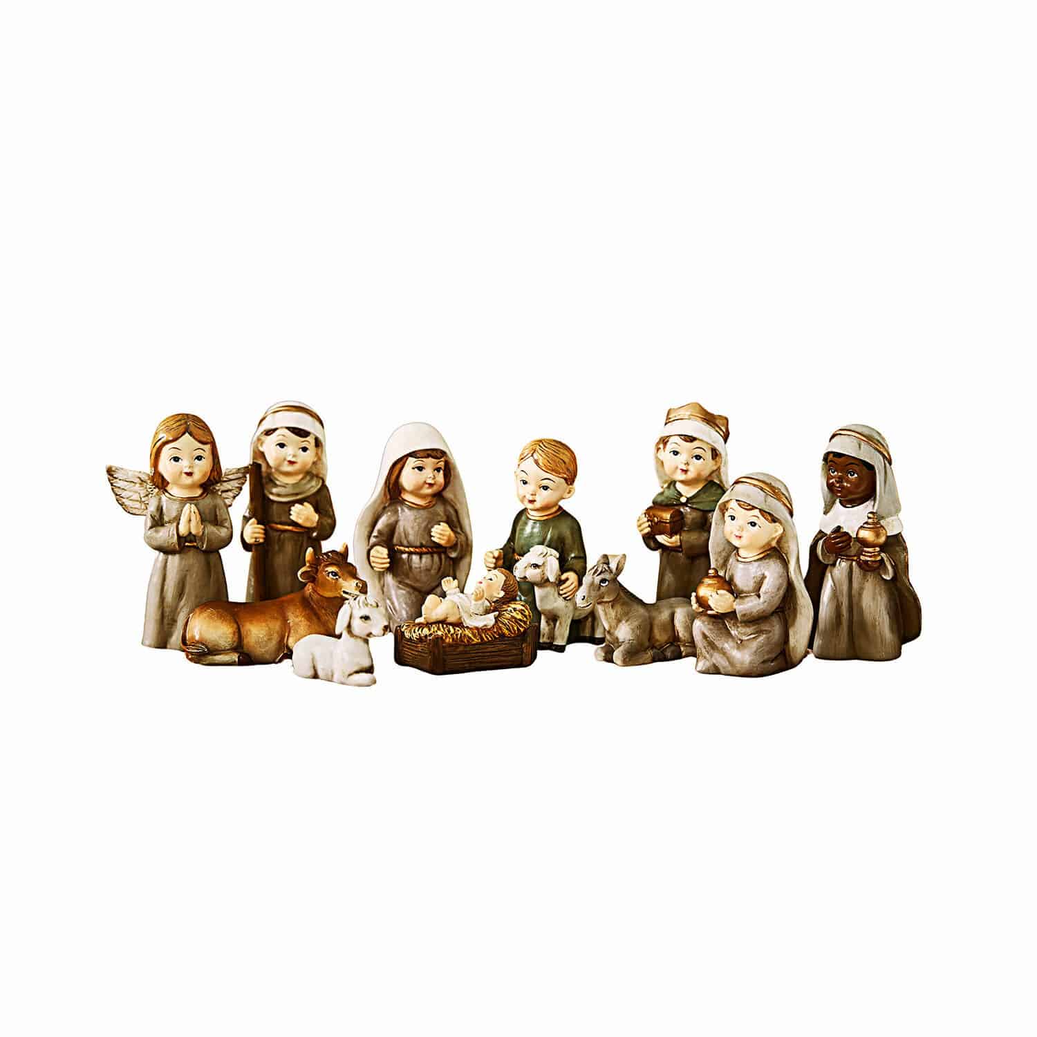 Figurki do szopki, zestaw 11 szt. Kittalee Zestaw figurek szopki bożonarodzeniowej z ceramiki w naturalnych kolorach, dekoracja świąteczna