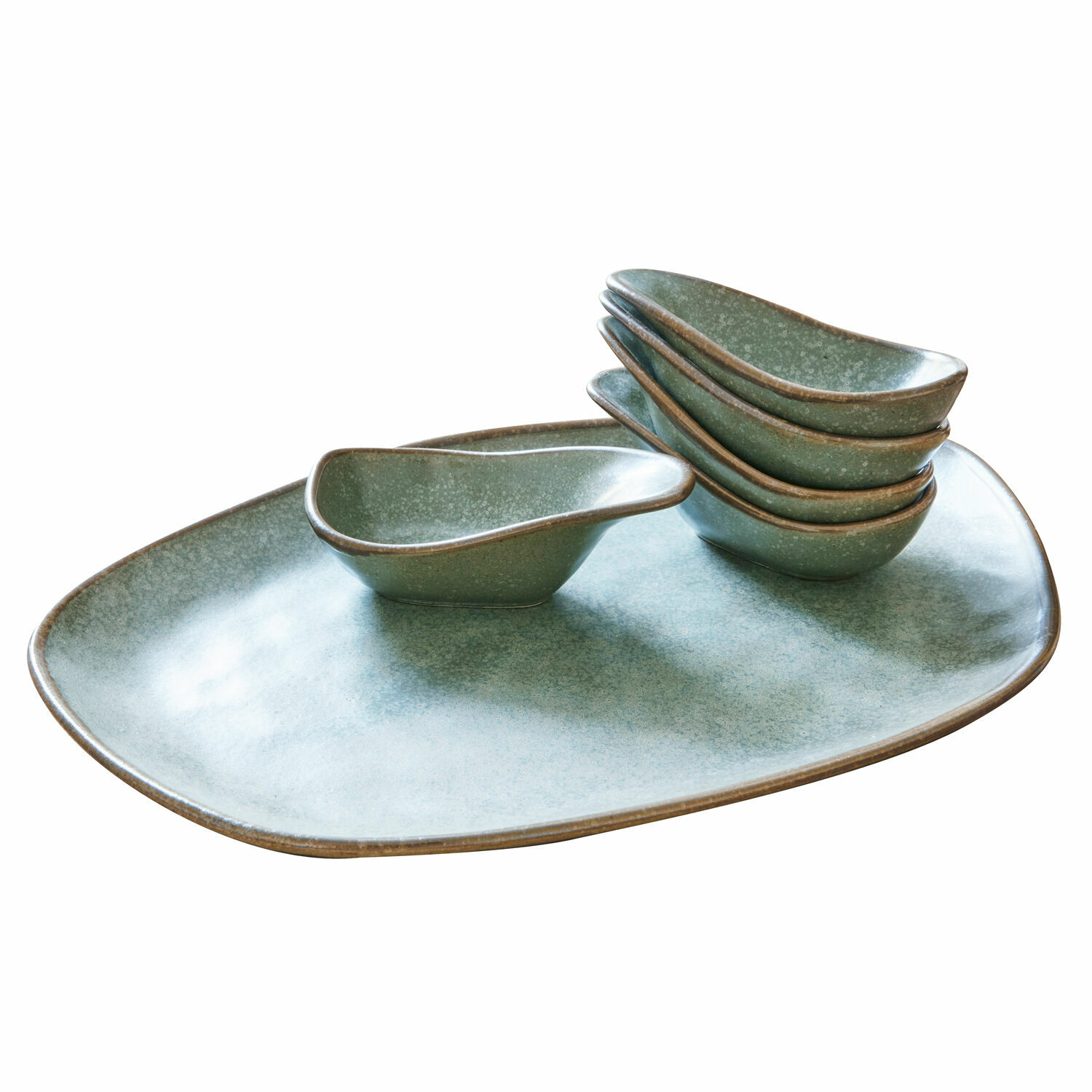 turkusowy / brązowy Zestaw 6 turkusowo-brązowych ceramicznych miseczek Biarritz na dużej tacy do serwowania przekąsek