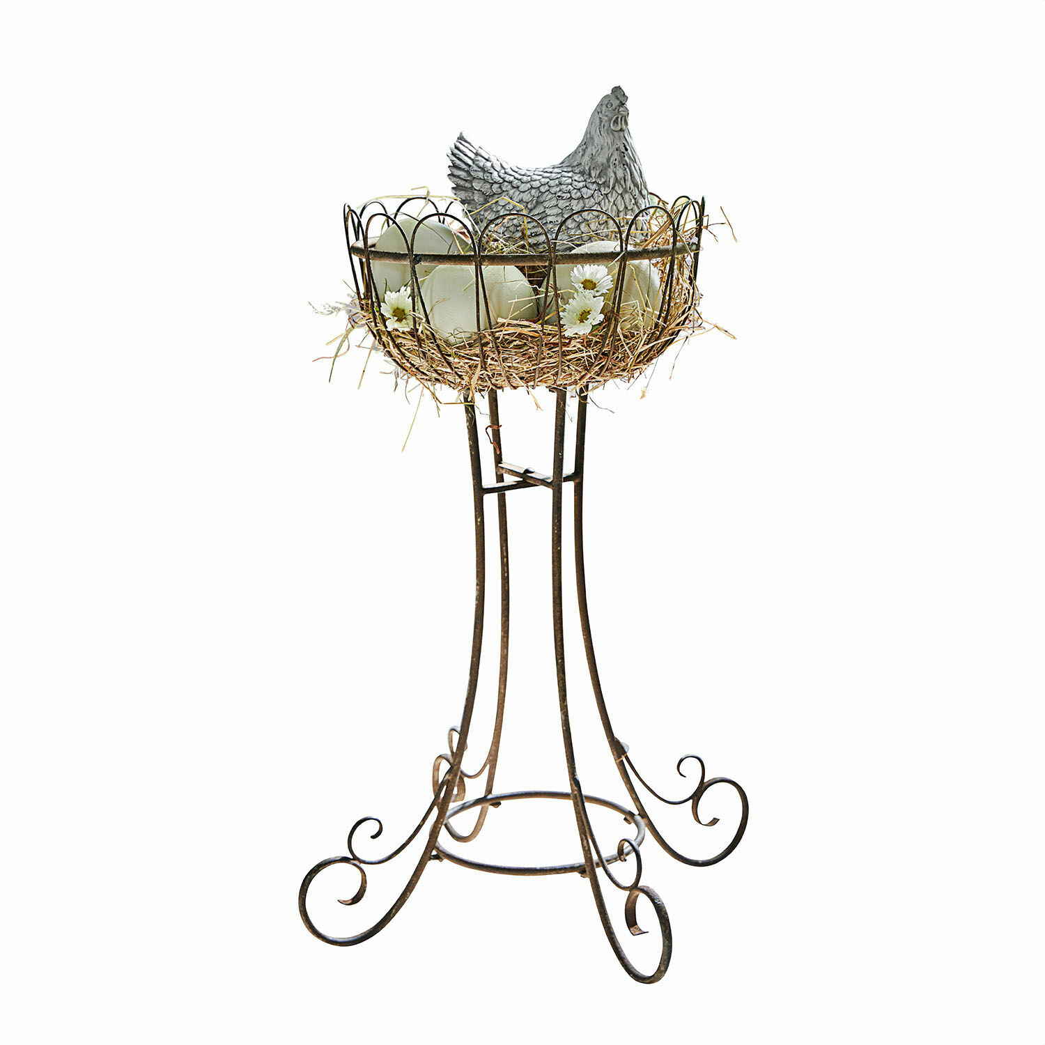 Metalowy stojak z koszem na jajka i dekoracyjnym kurczakiem w stylu rustykalnym do domu i ogrodu