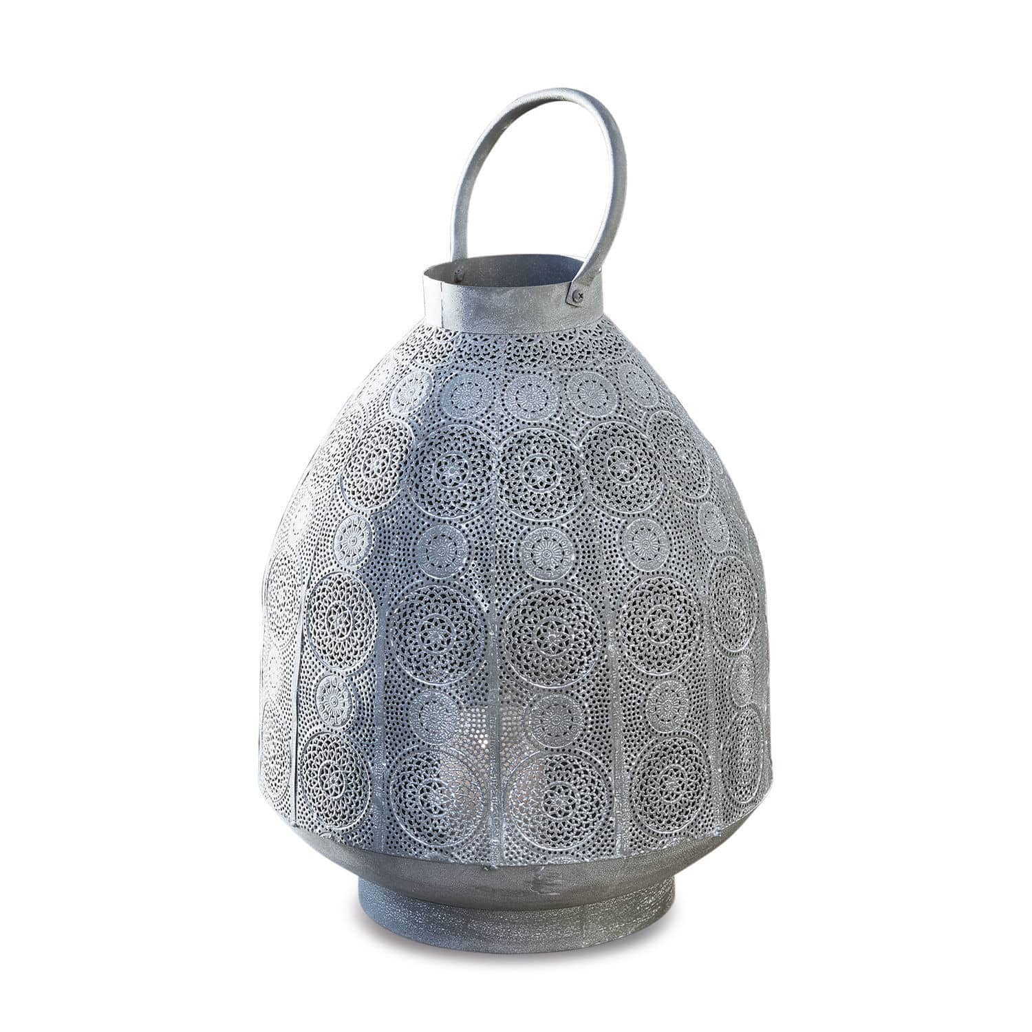 Lampion Morlet Metalowa latarnia z ażurowym wzorem w kolorze szarym z uchwytem do przenoszenia