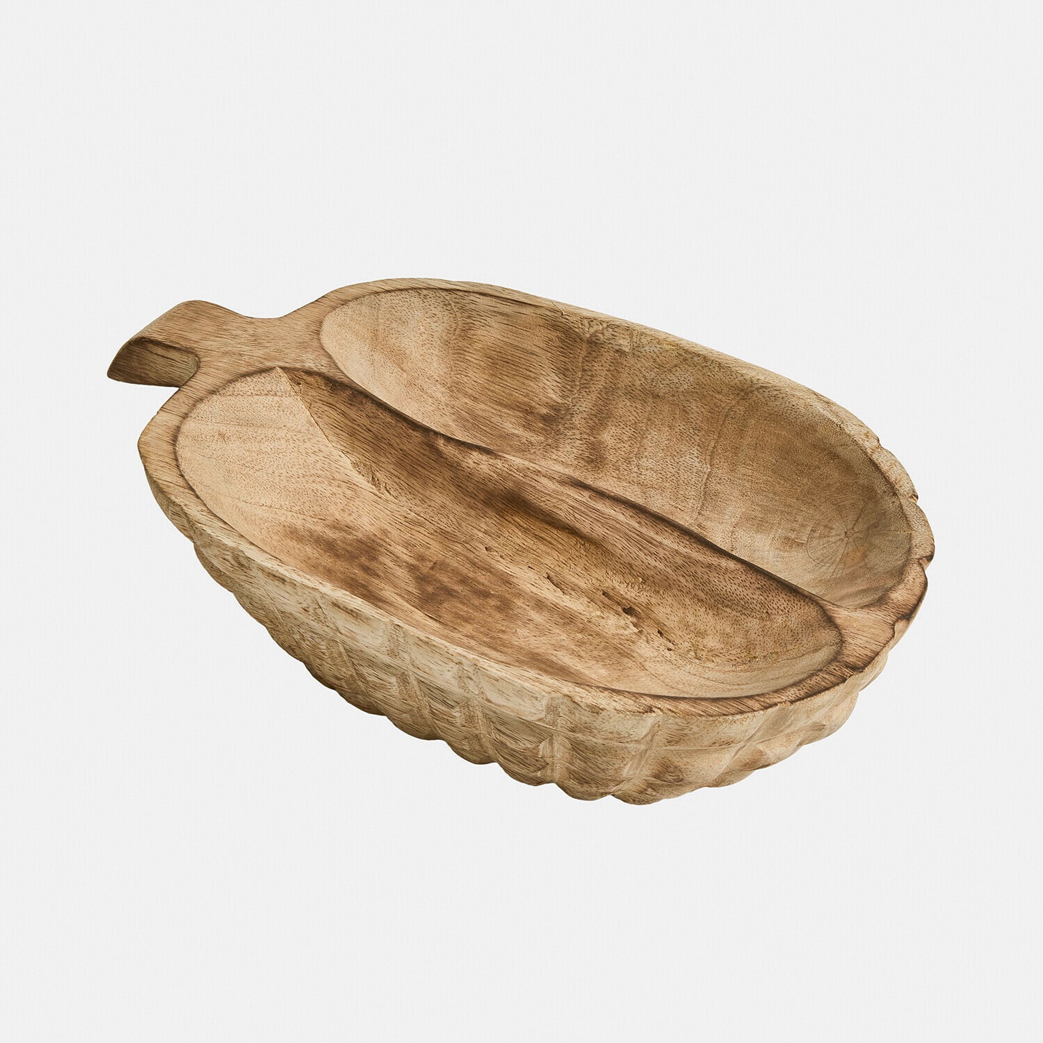 Drewniana miska dekoracyjna o naturalnym kolorze z dwoma przegrodami i rzeźbionym uchwytem