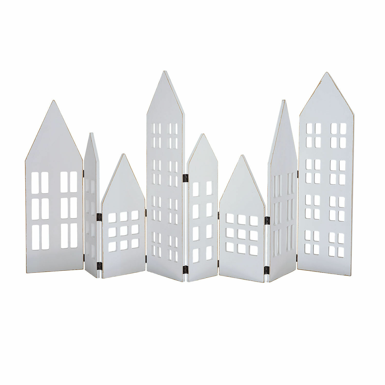 Biały drewniany dekoracyjny parawan w kształcie domków z wyciętymi oknami do wnętrz