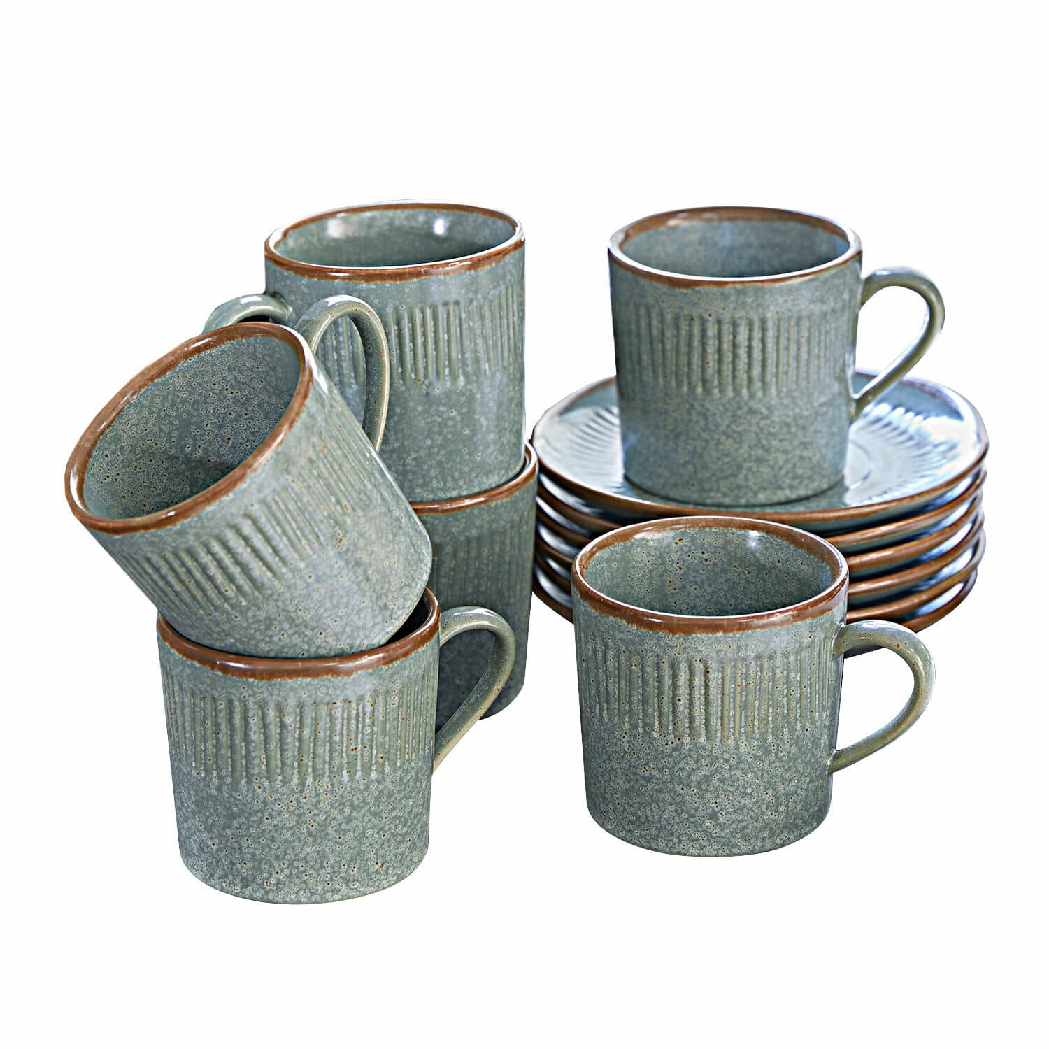 Filiżanka ze spodkiem, zestaw 6 szt. Périers Zestaw ceramicznych kubków i talerzy w szaro-brązowym kolorze do kawy lub herbaty