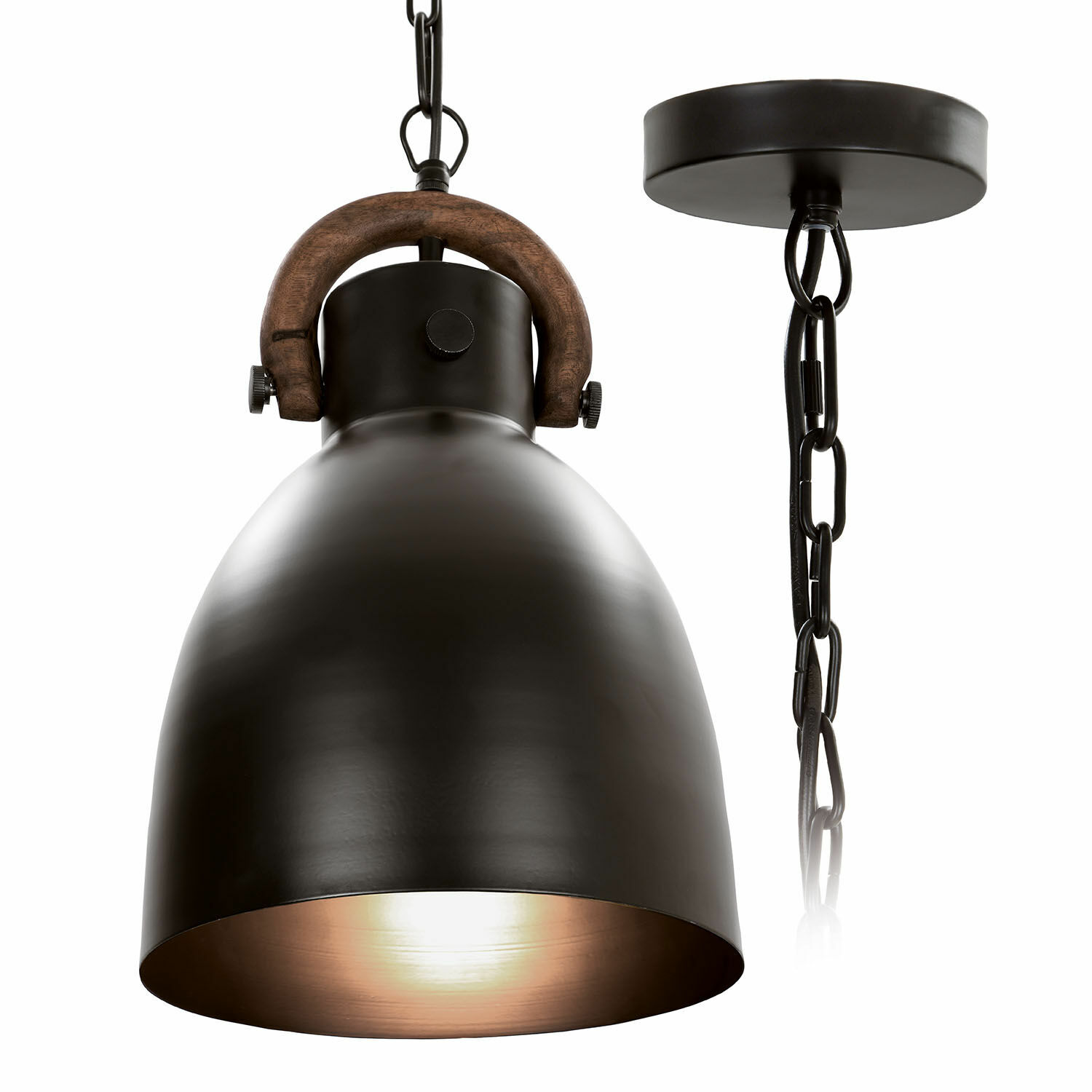Lampa wisząca Walcote Czarna metalowa lampa wisząca z drewnianym uchwytem i łańcuchem do zawieszenia, oświetlenie industrialne
