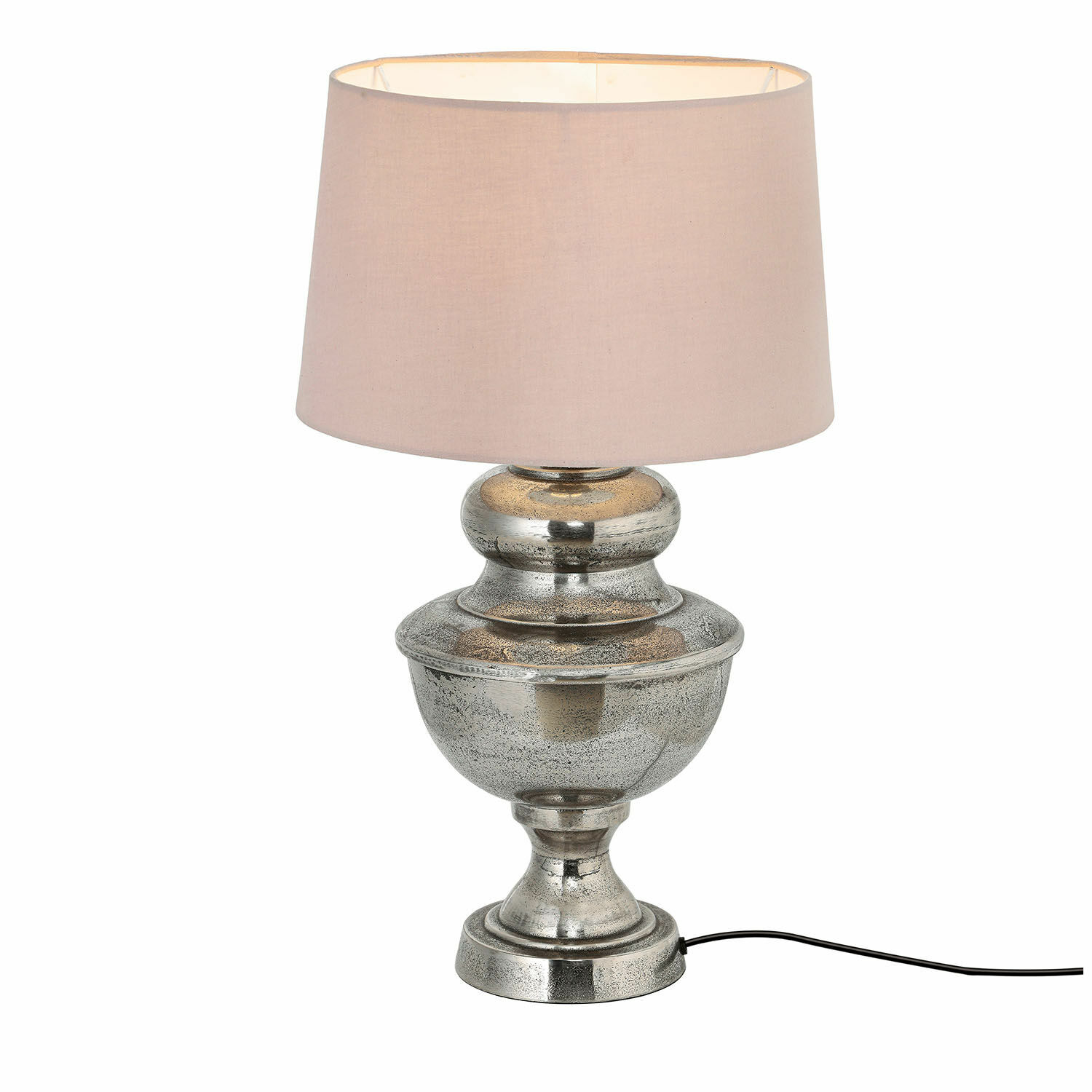 Lampa stołowa Kalvin Lampa stołowa z metalową srebrną podstawą i beżowym abażurem, dekoracyjna lampa do salonu