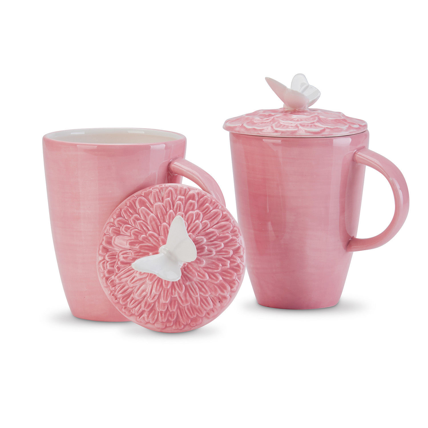 Filiżanka, zestaw 2 szt. Daireann Różowy ceramiczny kubek z pokrywką ozdobioną białym motylem, elegancki zestaw do herbaty