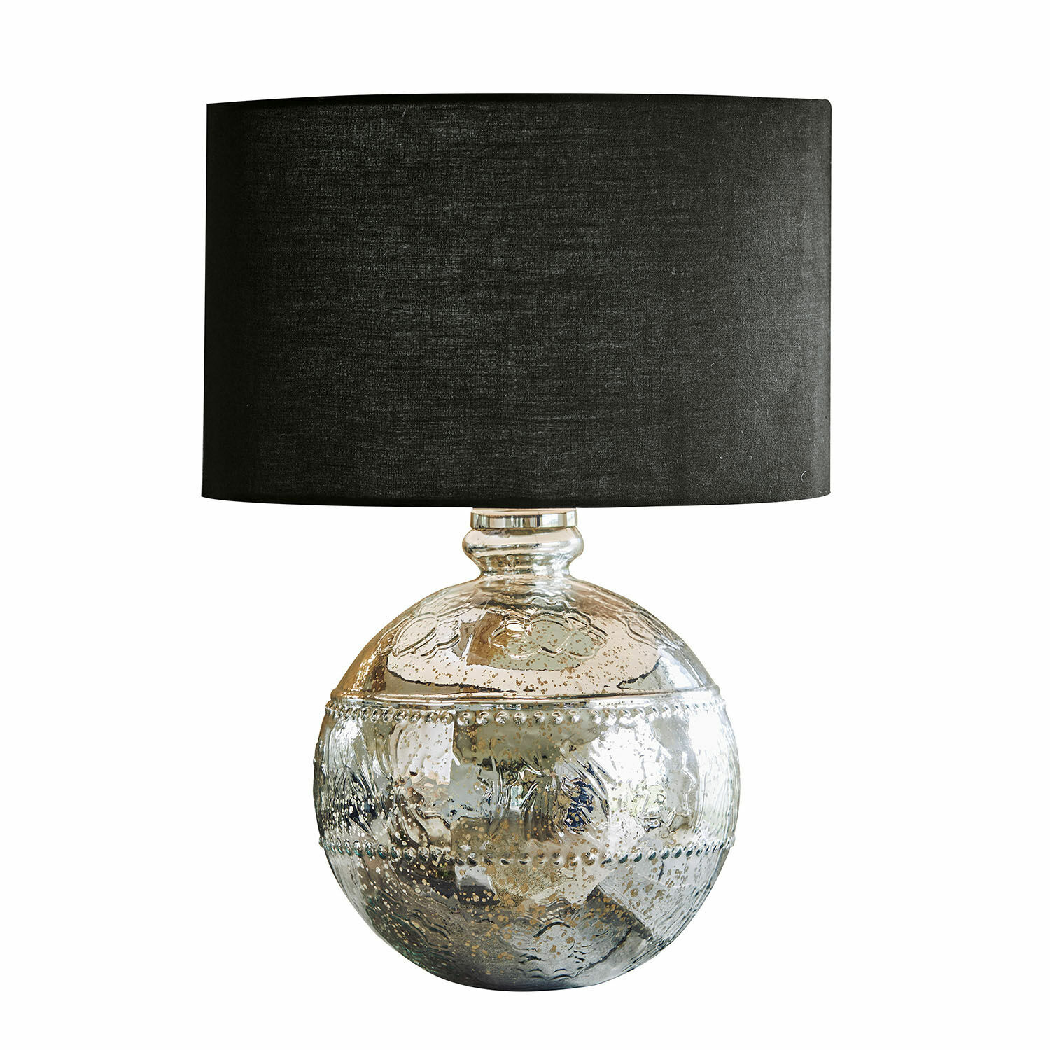 Lampa stołowa Voyer Ozdobna lampa stołowa z kulistą, srebrną podstawą ze szkła i czarnym abażurem do salonu