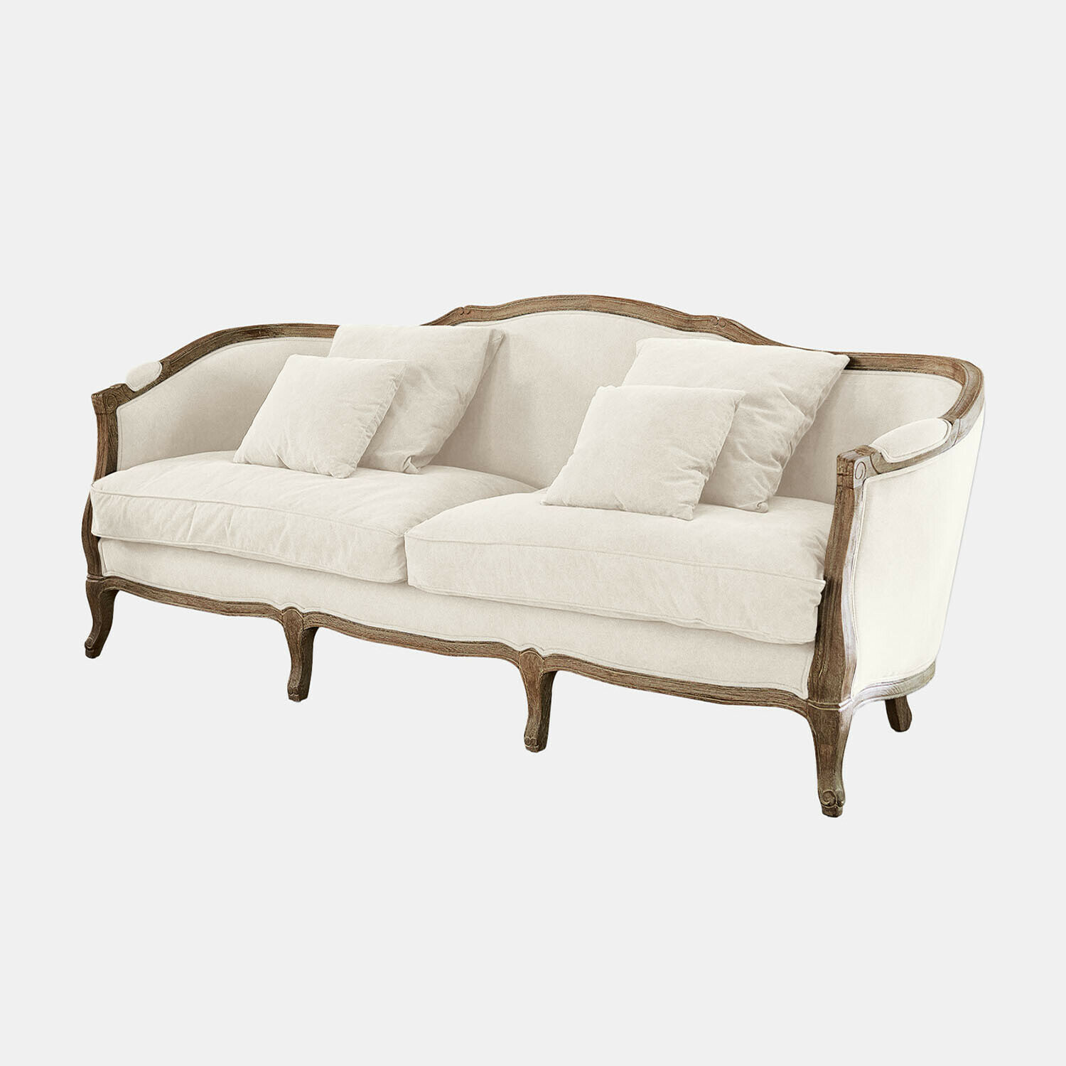Sofa Monneville Elegancka sofa z jasnobeżową tkaniną i drewnianą ramą w stylu vintage do salonu