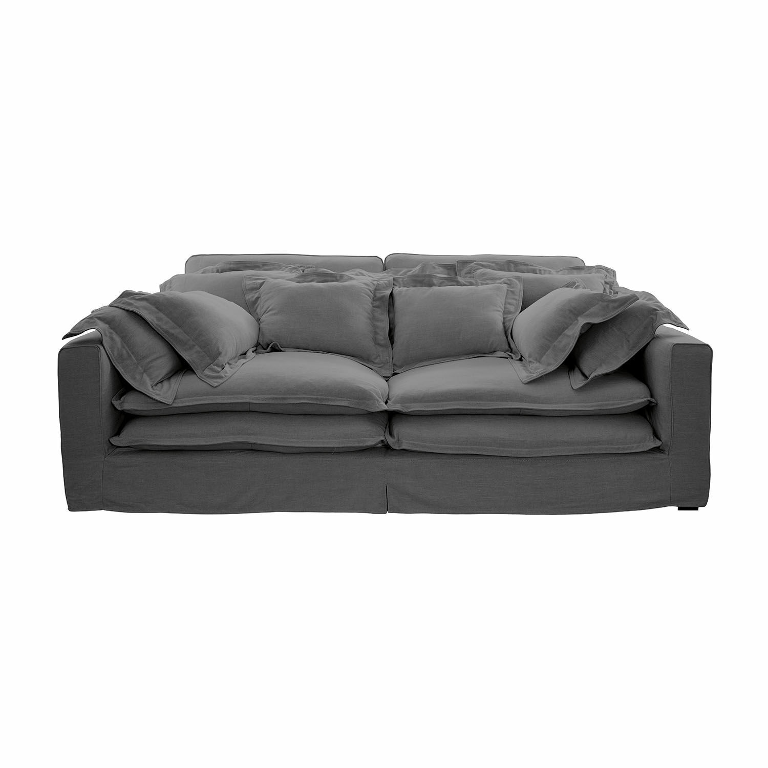 Szara sofa Terell z miękkiej tkaniny z poduszkami, wygodne meble do salonu