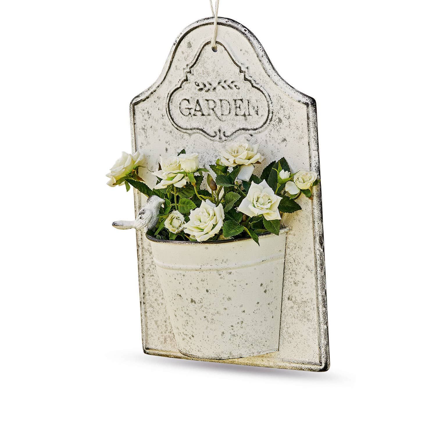 Donica ścienna Helsa Metalowa dekoracja ścienna w stylu vintage z białymi różami i napisem Garden do ogrodu