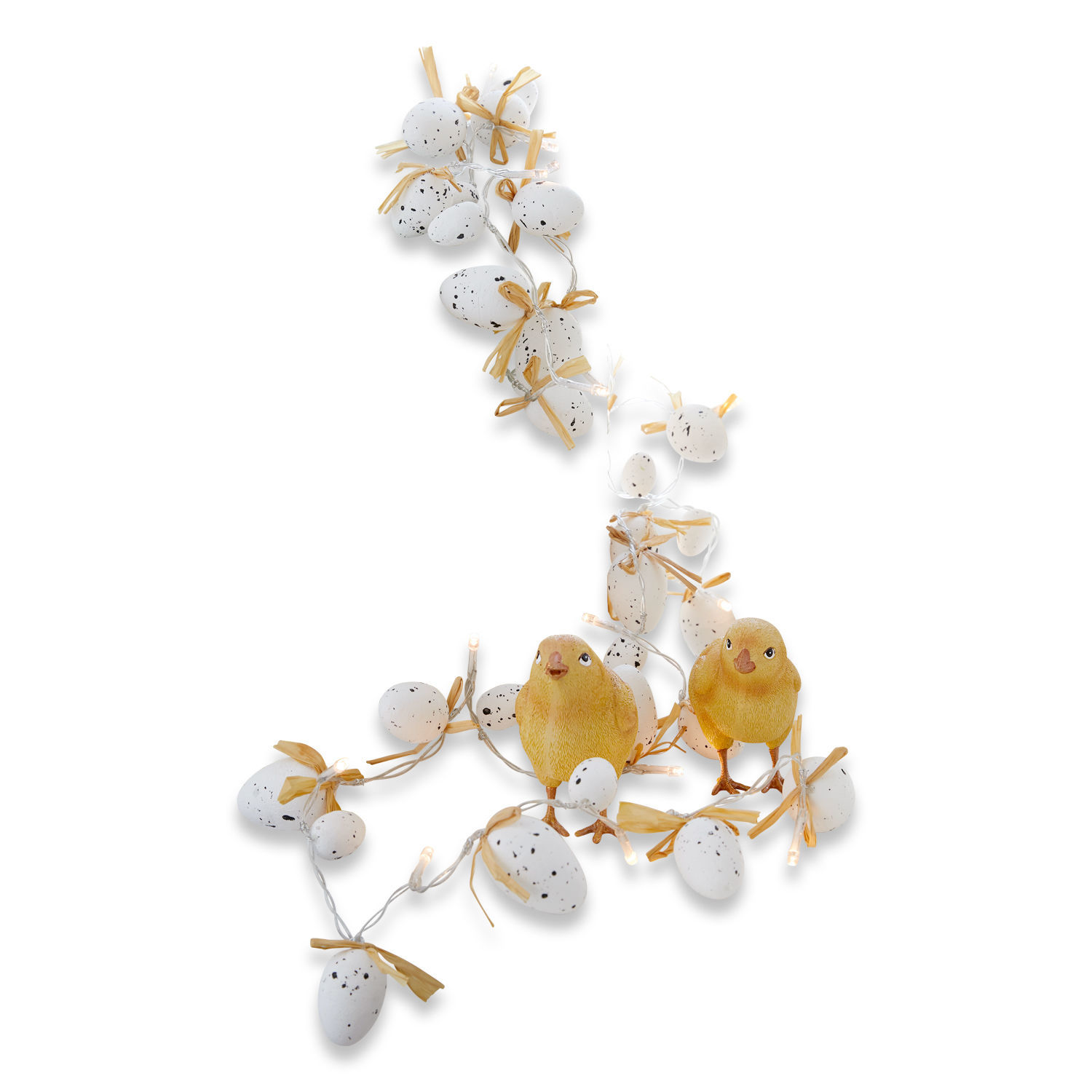 Girlanda świetlna z białych jajek z czarnymi plamkami i żółtymi kurczakami, dekoracja wielkanocna