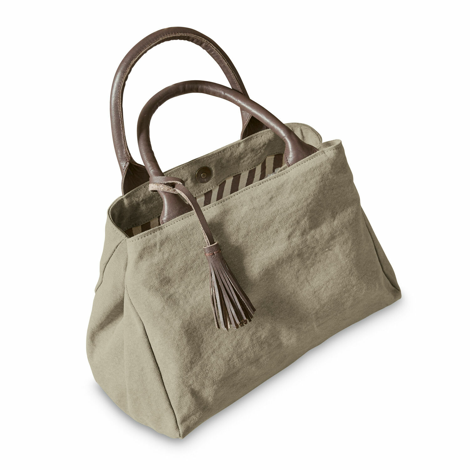 taupe Torba Hoya z taupe materiału z brązowymi skórzanymi uchwytami i frędzlami, modny dodatek