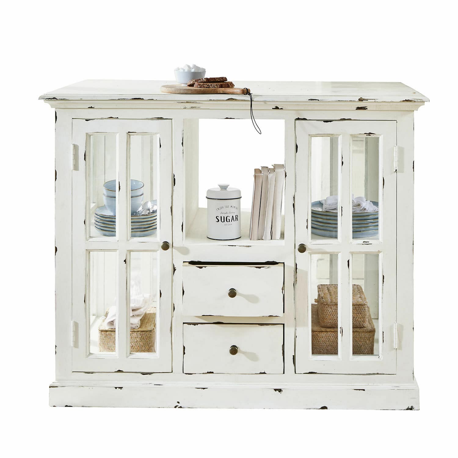 Wyspa kuchenna Catigny Biała drewniana komoda z przeszklonymi drzwiami i szufladami, mebel do przechowywania w stylu vintage