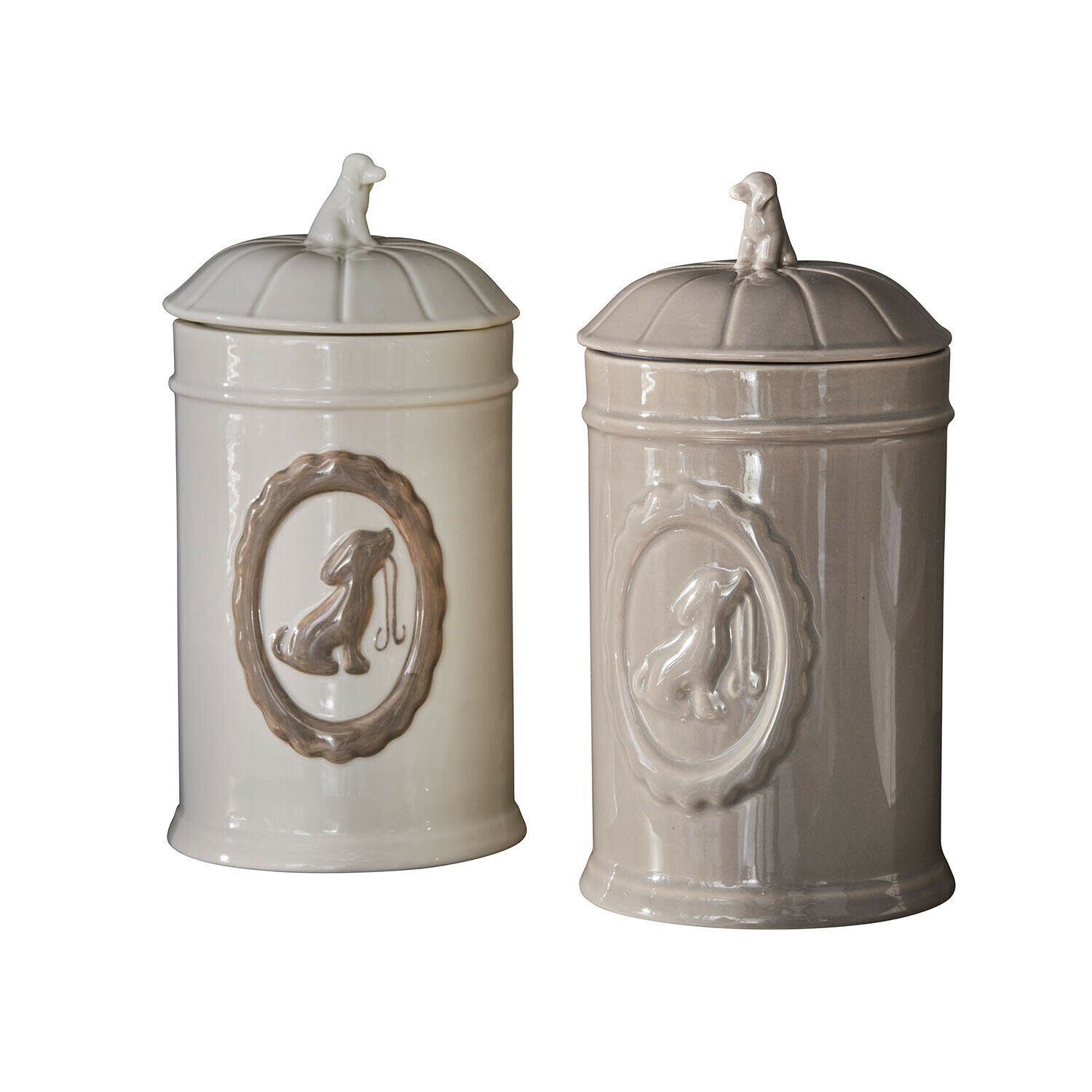 Pojemnik, zestaw 2 szt. Ruunja Ceramiczne pojemniki na przysmaki dla psów w kremowym i beżowym kolorze z ozdobą psa