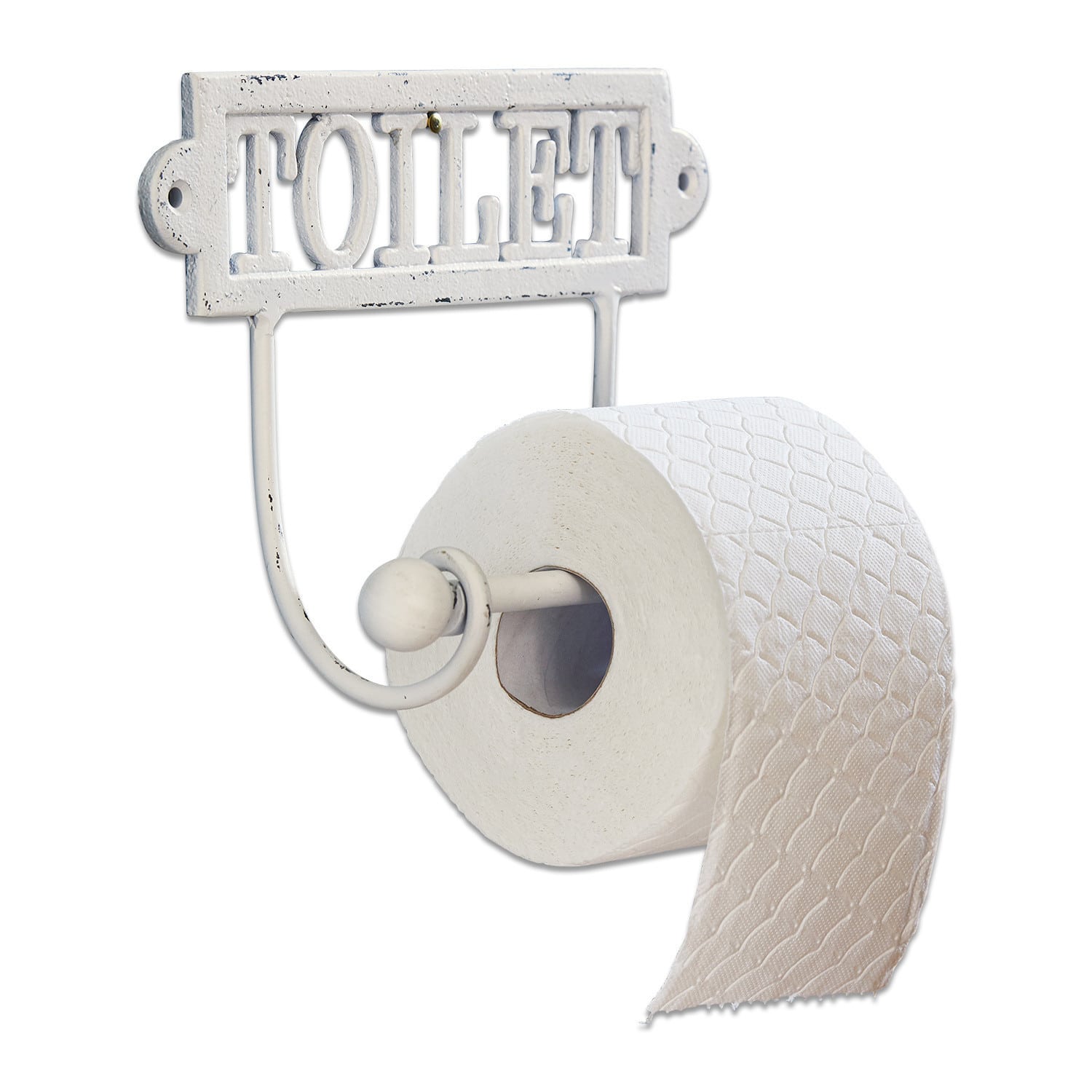 Uchwyt na papier toaletowy Miramas Biały metalowy uchwyt na papier toaletowy z napisem TOILET w stylu vintage do łazienki