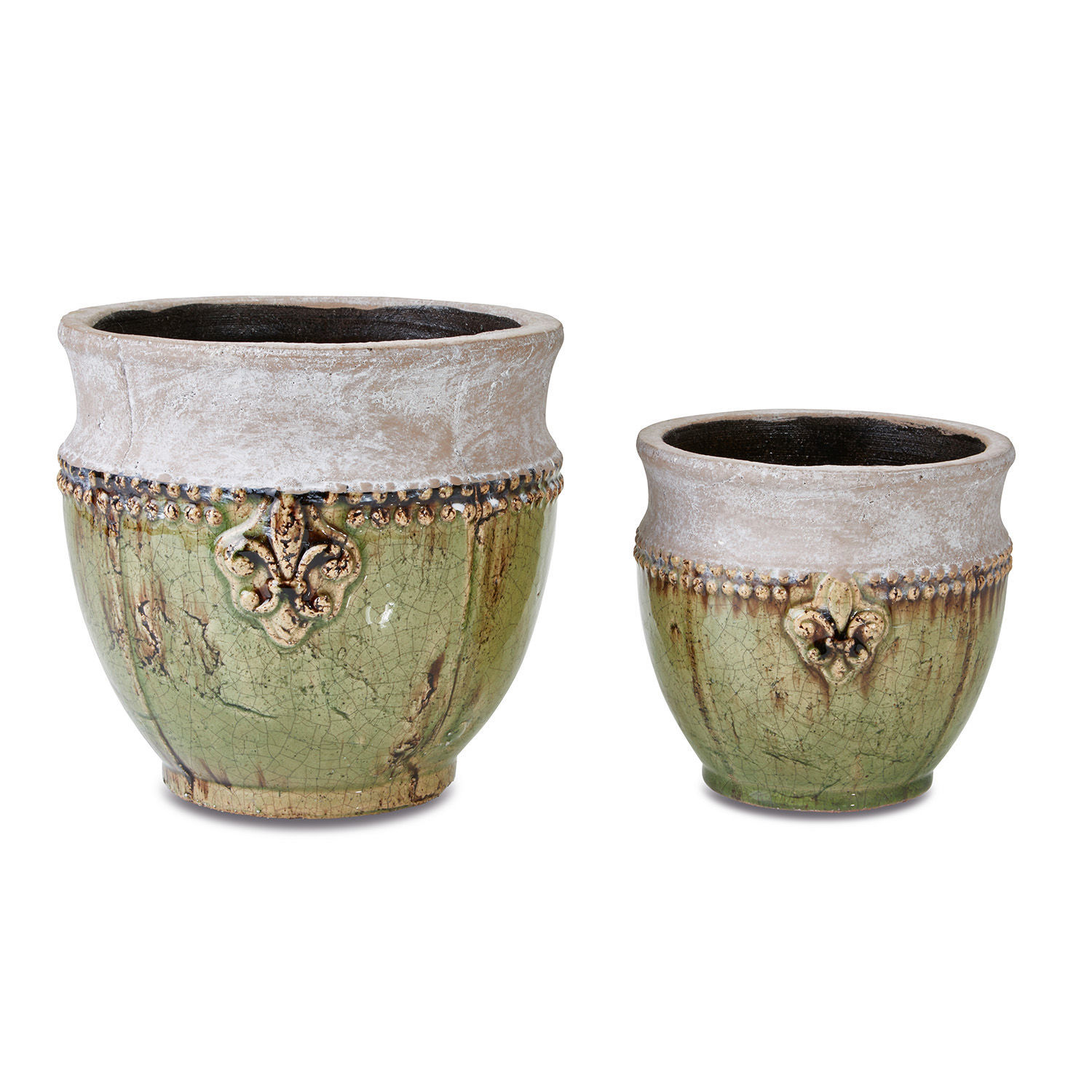 Osłonka doniczki, zestaw 2 szt. Montcony Zestaw dwóch ceramicznych donic w zielono-beżowym kolorze z ozdobnym wzorem i postarzaną fakturą