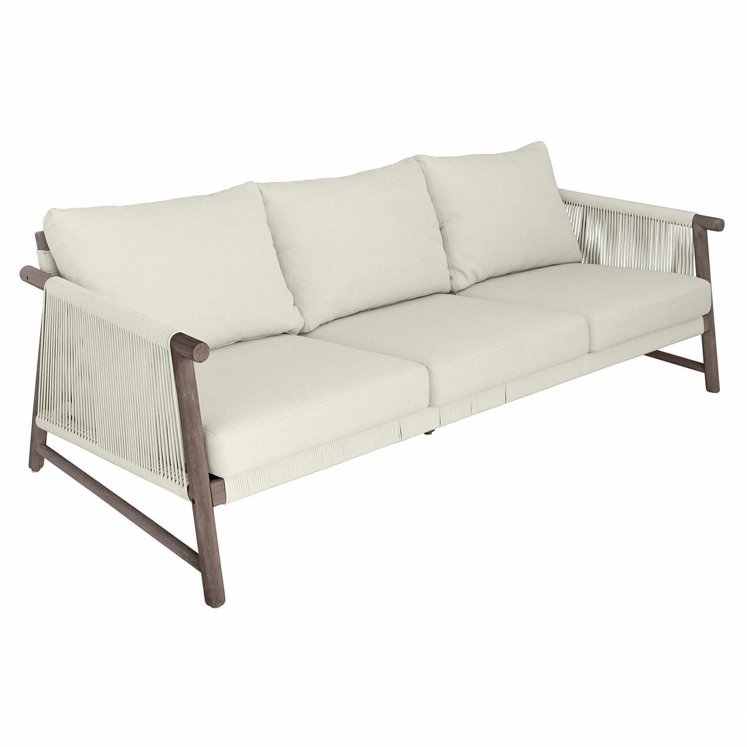 Sofa FSC®-100% Clarmontaine Trzyosobowa sofa z beżową tkaniną i drewnianą ramą, nowoczesny mebel wypoczynkowy do salonu