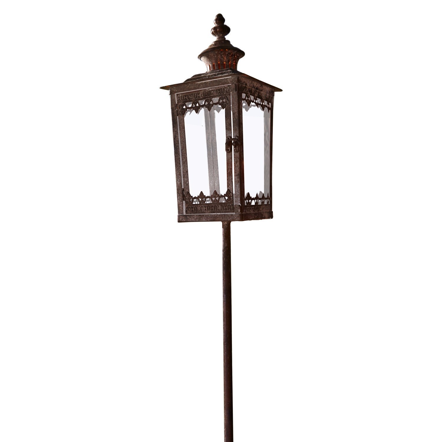 Lampion Nielas Ozdobna latarnia ogrodowa z metalu w kolorze rdzy na długim stojaku do dekoracji zewnętrznej