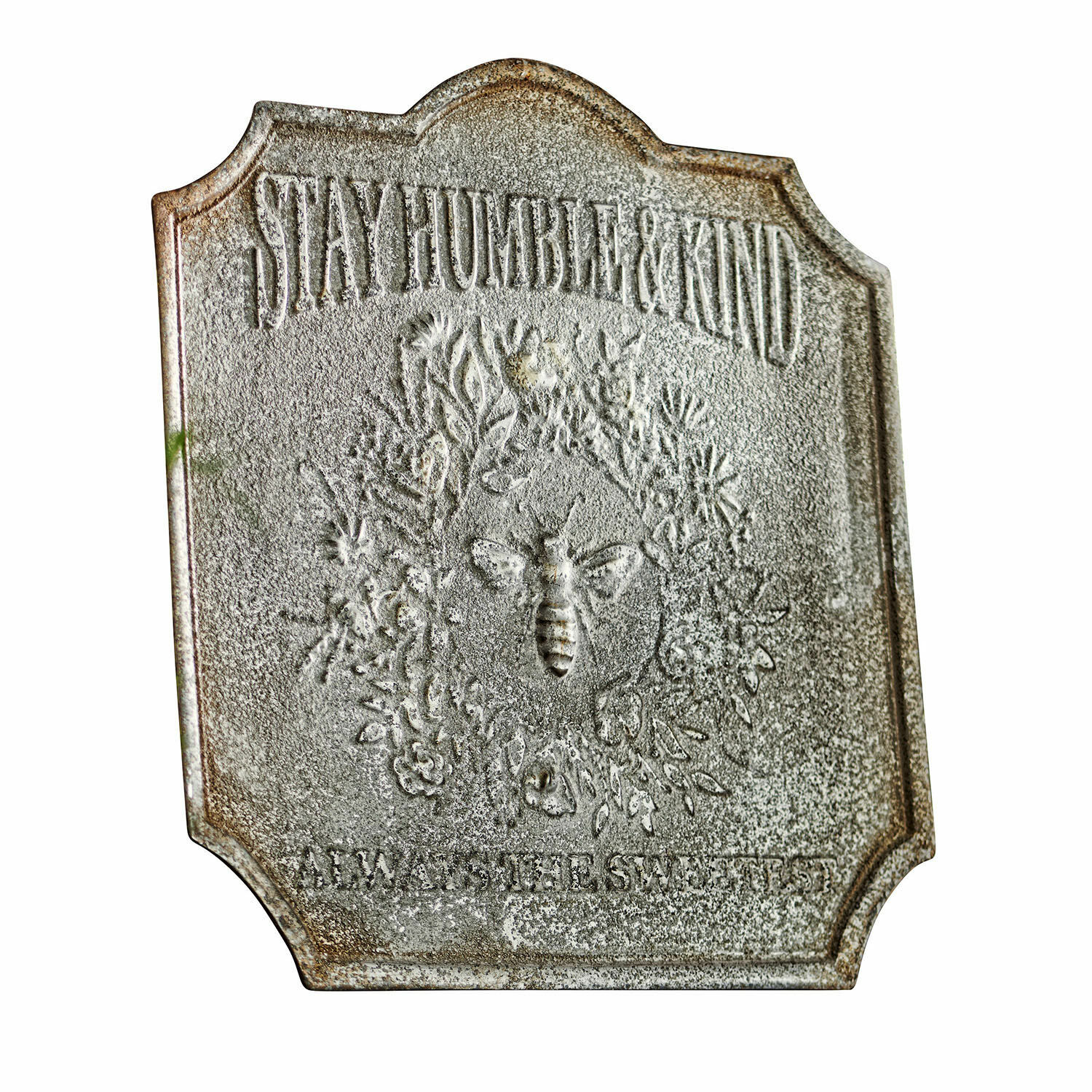 Tablica dekoracyjna Humble Metalowa tablica dekoracyjna z napisem Stay Humble & Kind i motywem pszczoły w szarym kolorze