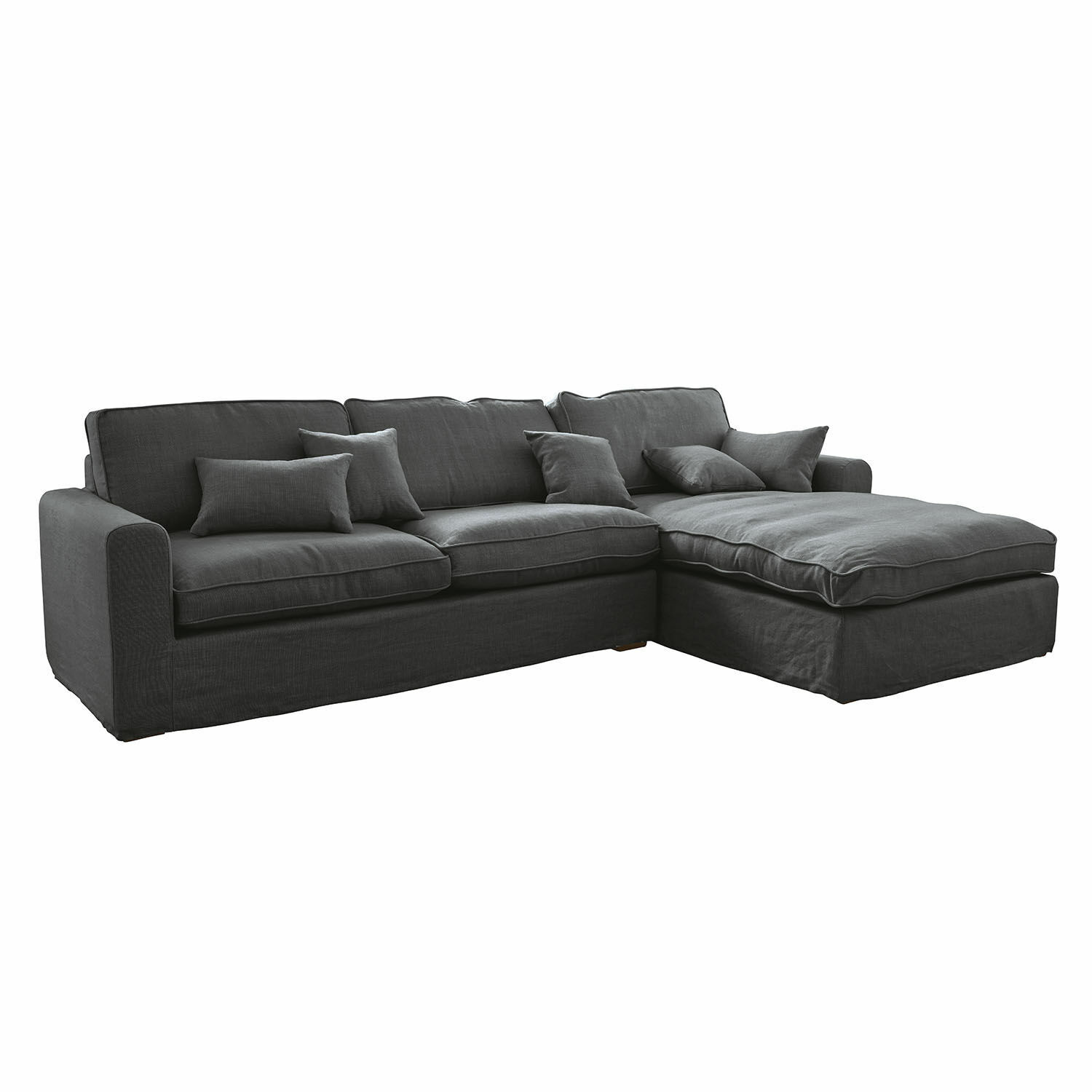ciemnoszary Narożnik Seaford w ciemnoszarym materiale, wygodna sofa do salonu z poduszkami