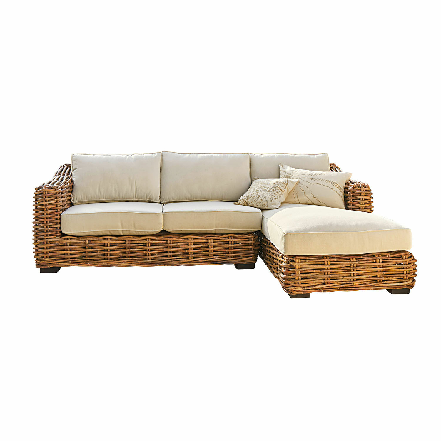 kremowy/brązowy Sofa Villedieu z rattanu w kolorze brązowym z kremowymi poduszkami, wygodne meble wypoczynkowe