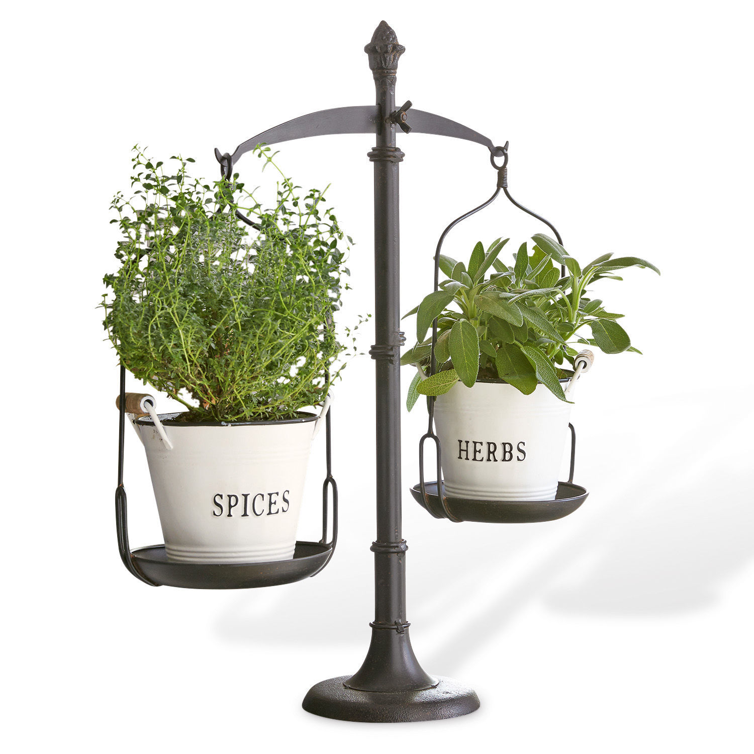 Metalowa czarna waga z dwoma białymi doniczkami na zioła i przyprawy z zielonymi roślinami