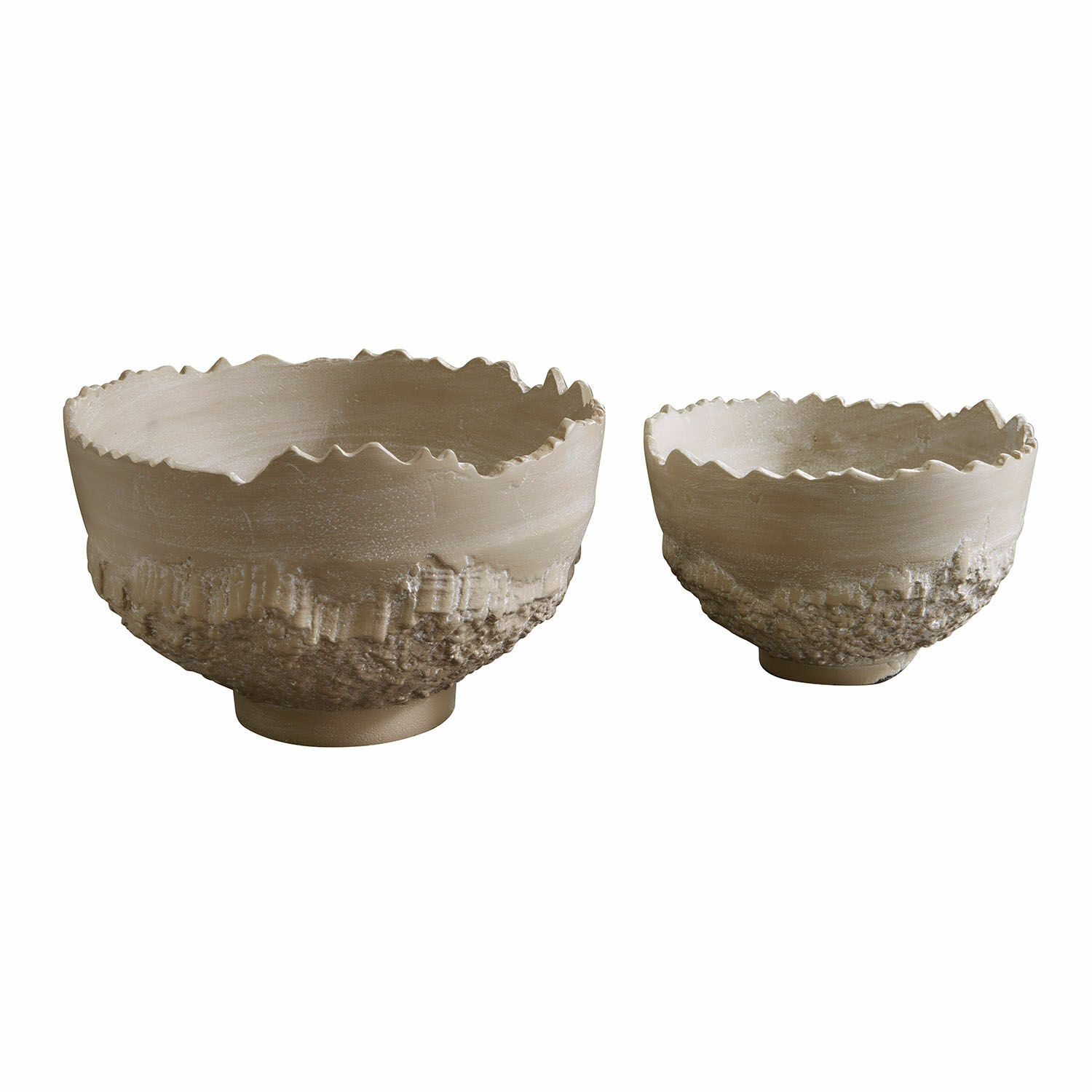 Miska, zestaw 2 szt. Alvendra Zestaw dwóch beżowych ceramicznych misek z chropowatą fakturą i falistym brzegiem, dekoracja stołu