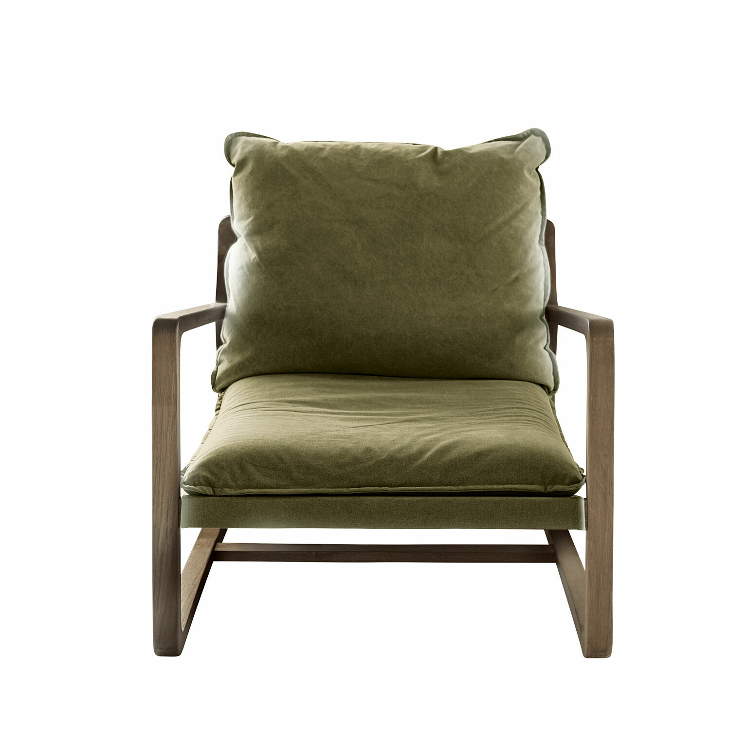 zielony/brązowy Fotel Jowna z zielonym materiałowym obiciem i brązową drewnianą ramą, nowoczesny design