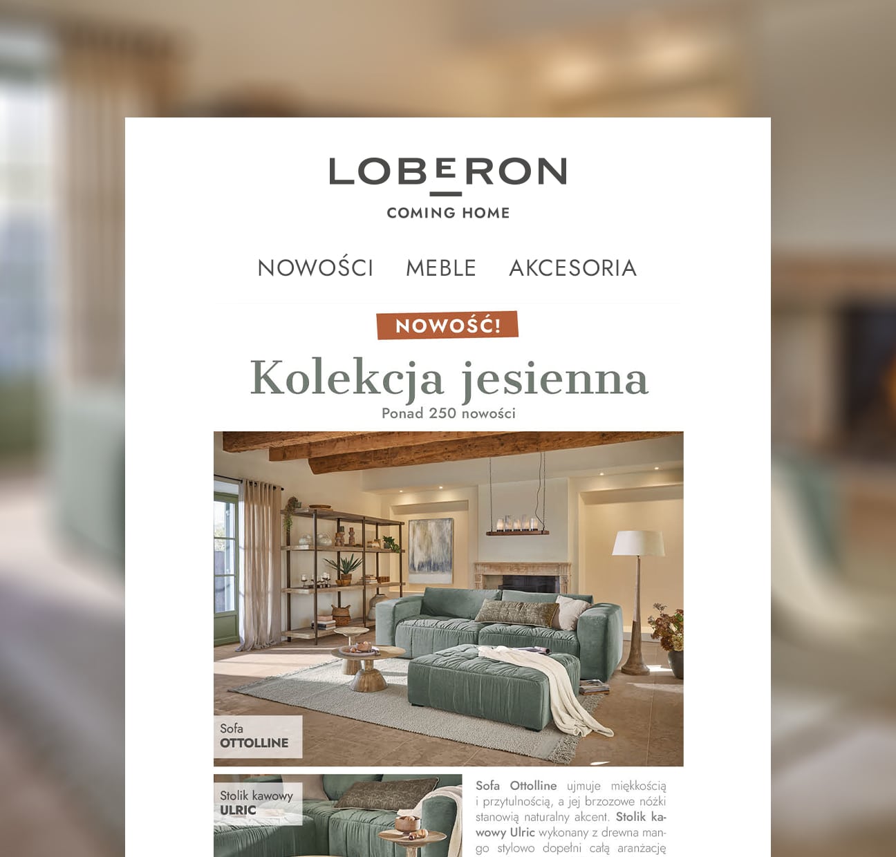 Zielona sofa Ottoline z miękkiego materiału w przytulnym salonie z drewnianymi belkami i kominkiem