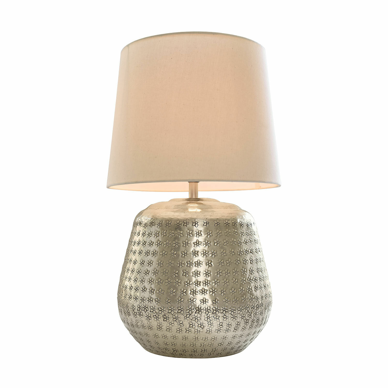 Lampa stołowa Blancos Lampka stołowa z metalową, wzorzystą podstawą w kolorze srebrnym i beżowym abażurem, dekoracja wnętrz