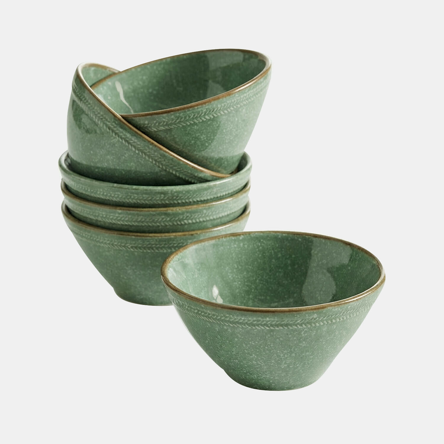 Zestaw 6 zielonych ceramicznych misek Norrvik z delikatnym wzorem i brązową krawędzią do serwowania
