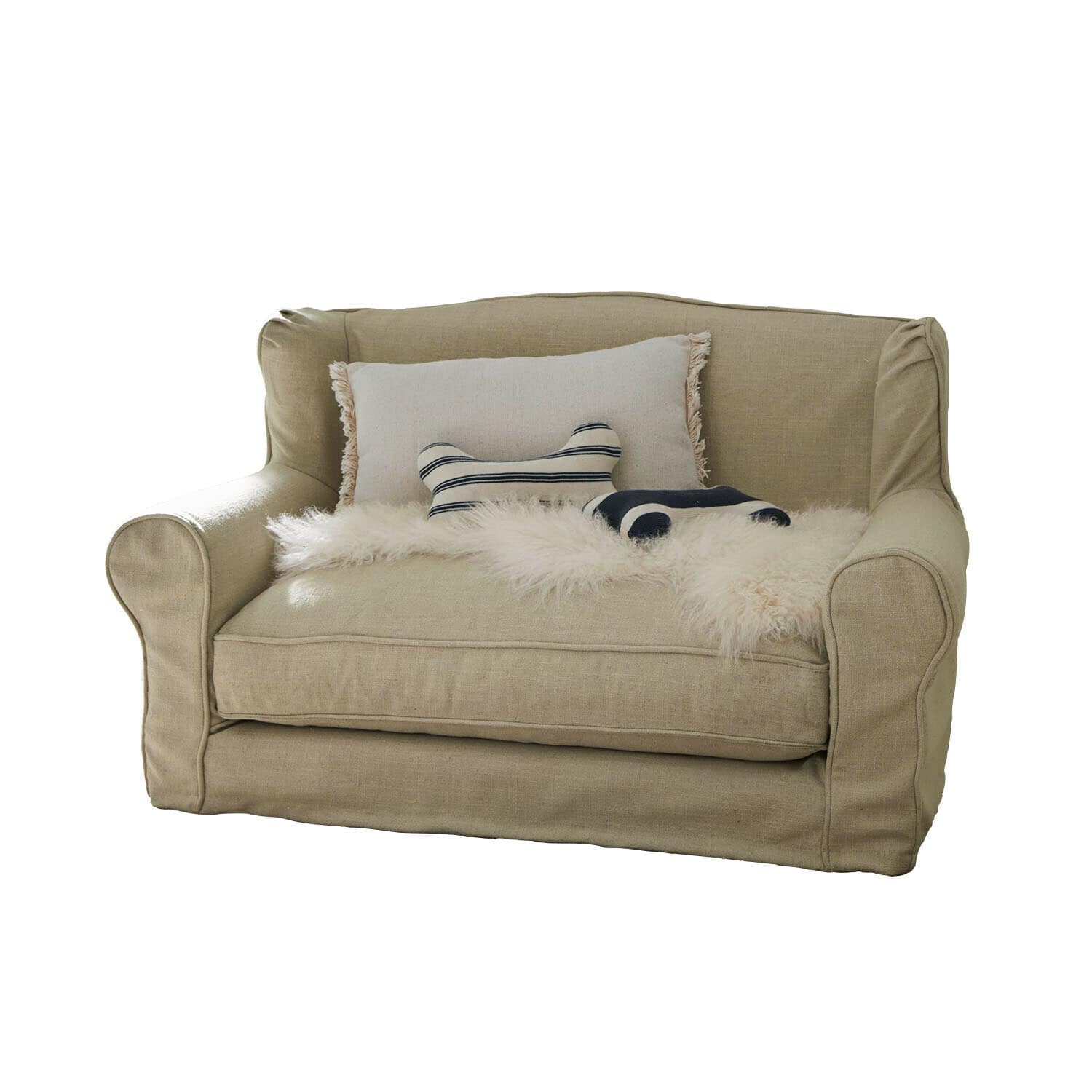 Sofa dla zwierząt domowych Panora Beżowa dwuosobowa sofa z tkaniny z poduszkami i miękkim futrzanym kocem do salonu