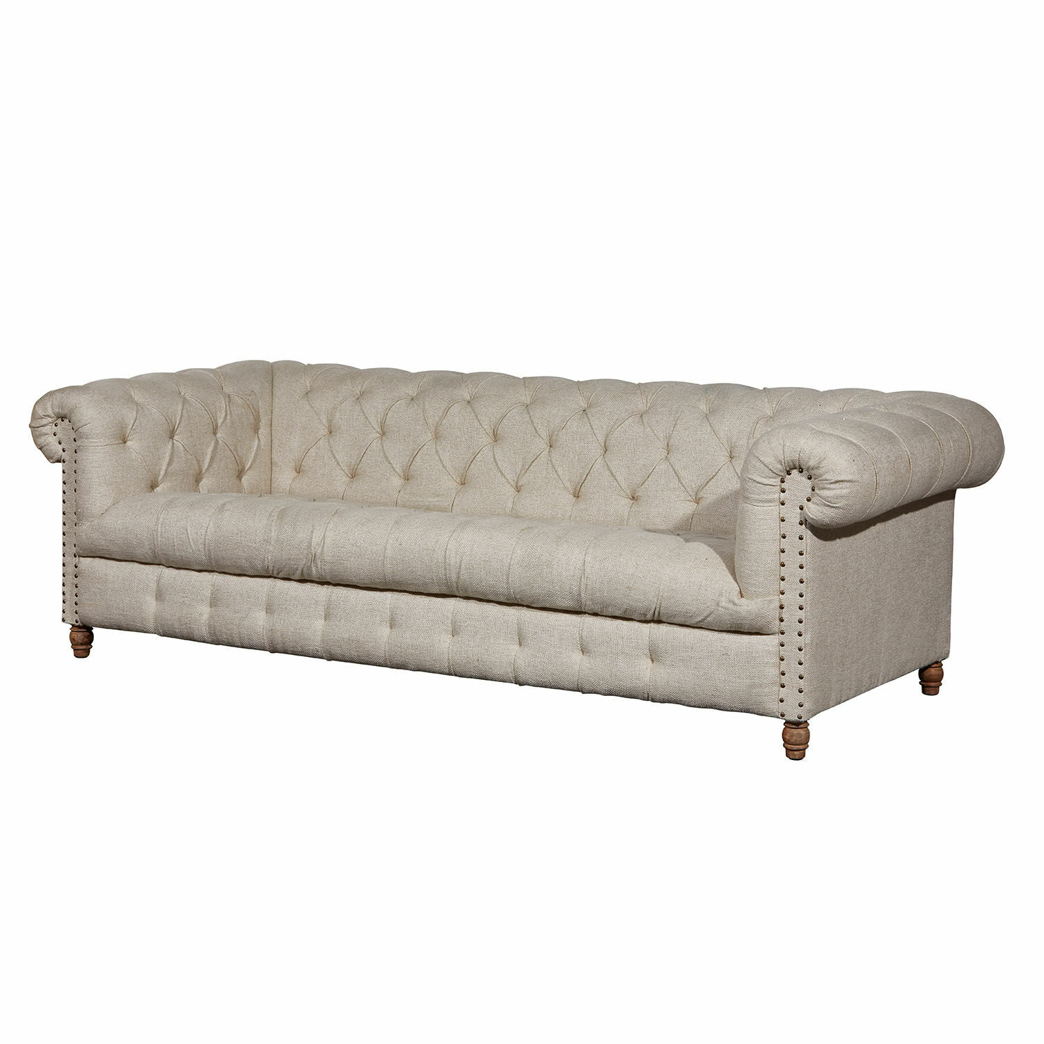 Sofa Parpeville Beżowa sofa Chesterfield z tkaniny z pikowanym oparciem i drewnianymi nogami do salonu