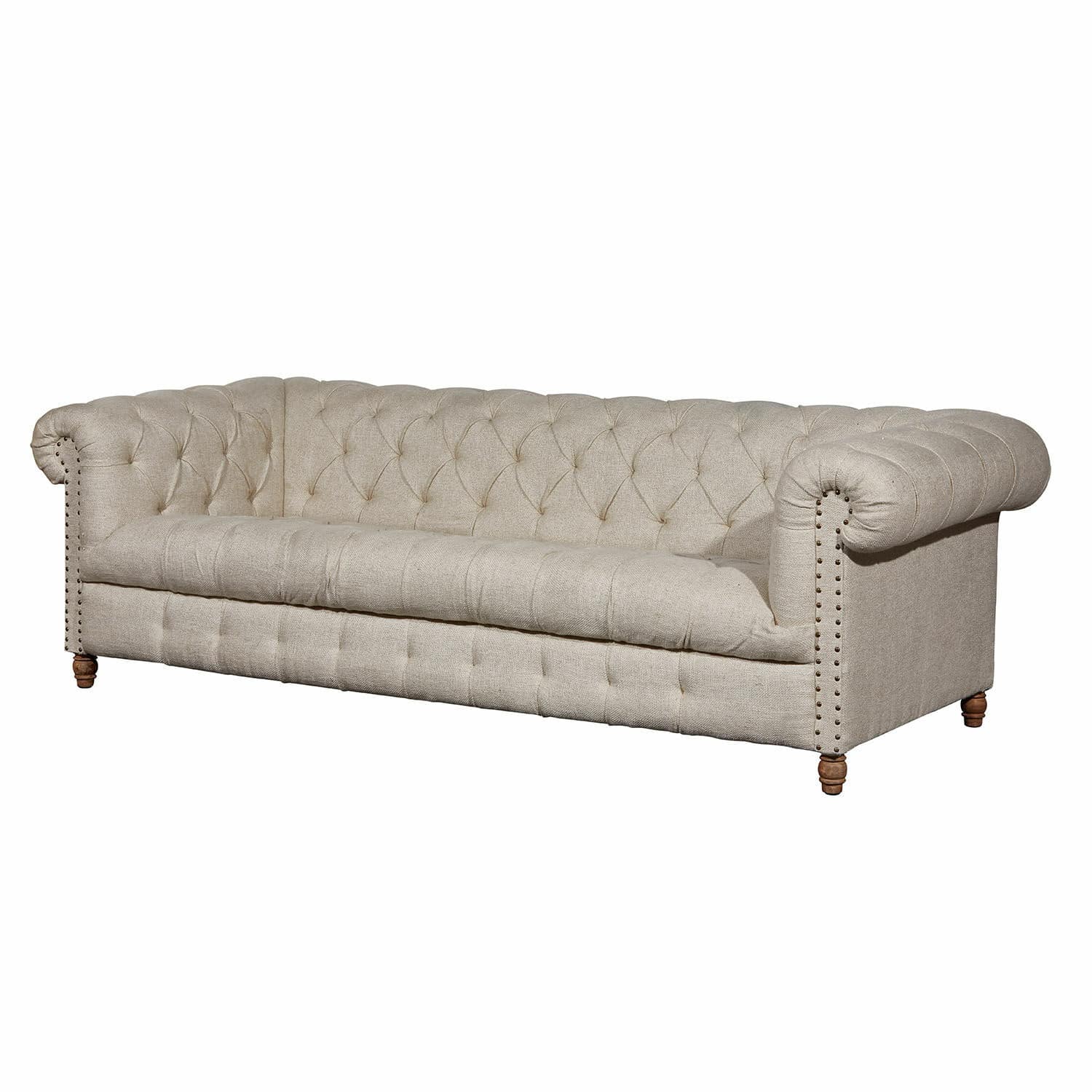 Sofa Parpeville Beżowa sofa Chesterfield z tkaniny z pikowanym oparciem i drewnianymi nogami do salonu