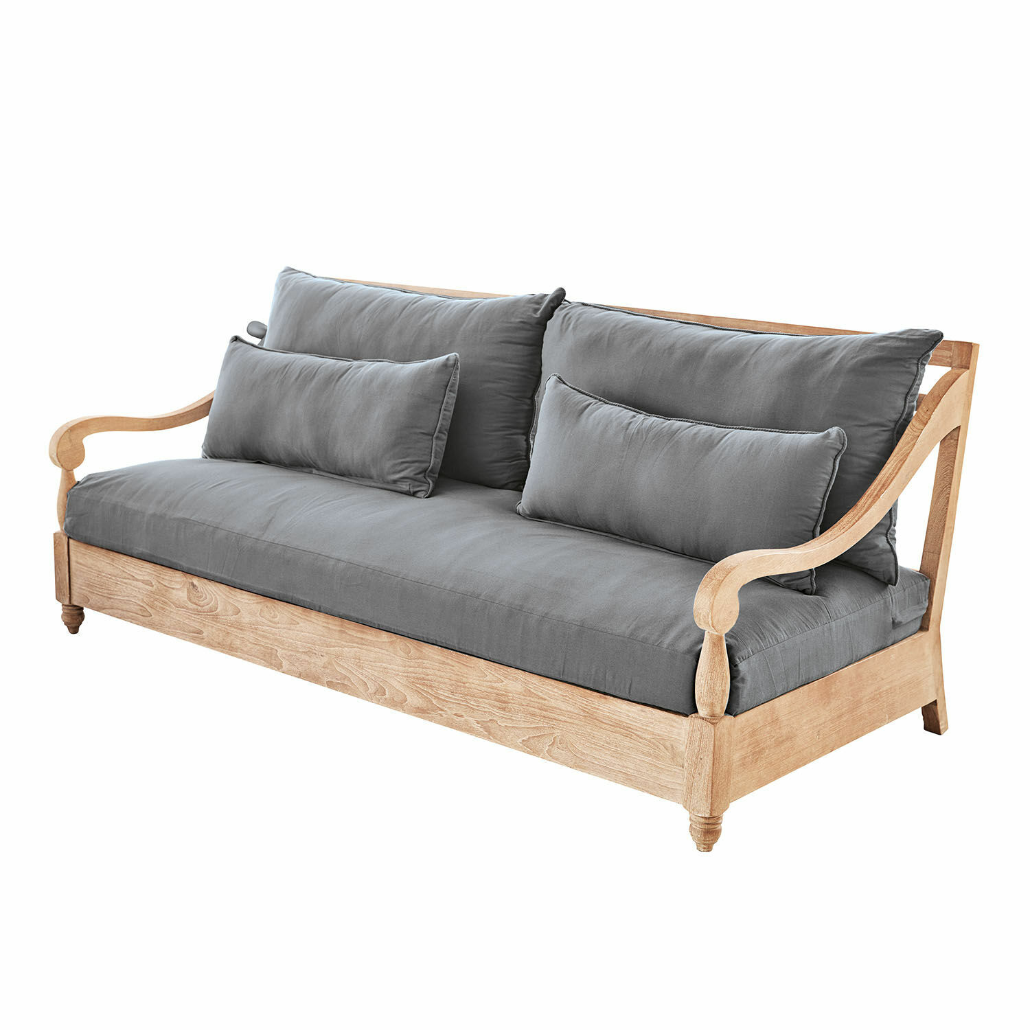 Sofa Montcassin Sofa z jasnego drewna z szarymi poduszkami, wygodne meble do salonu, naturalne materiały