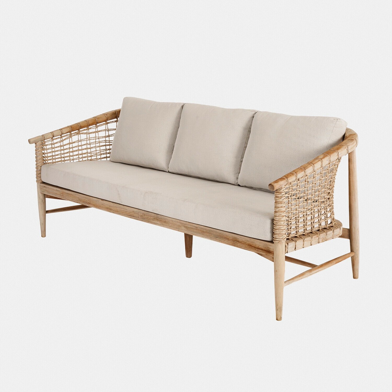 Sofa Roselva Sofa z naturalnego drewna z beżowymi poduszkami i plecionymi bokami, mebel do salonu