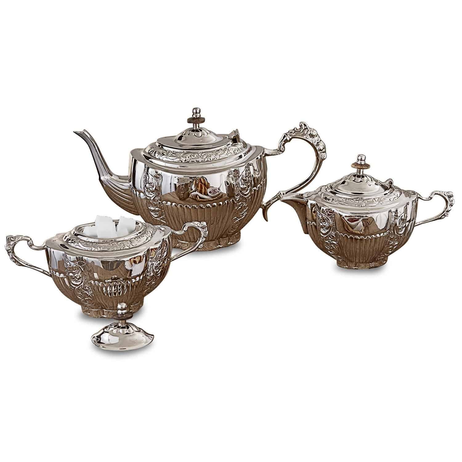 Serwis do herbaty Ingliston Zestaw do herbaty ze srebrnego metalu z dzbankiem, cukiernicą i mlecznikiem, elegancki design