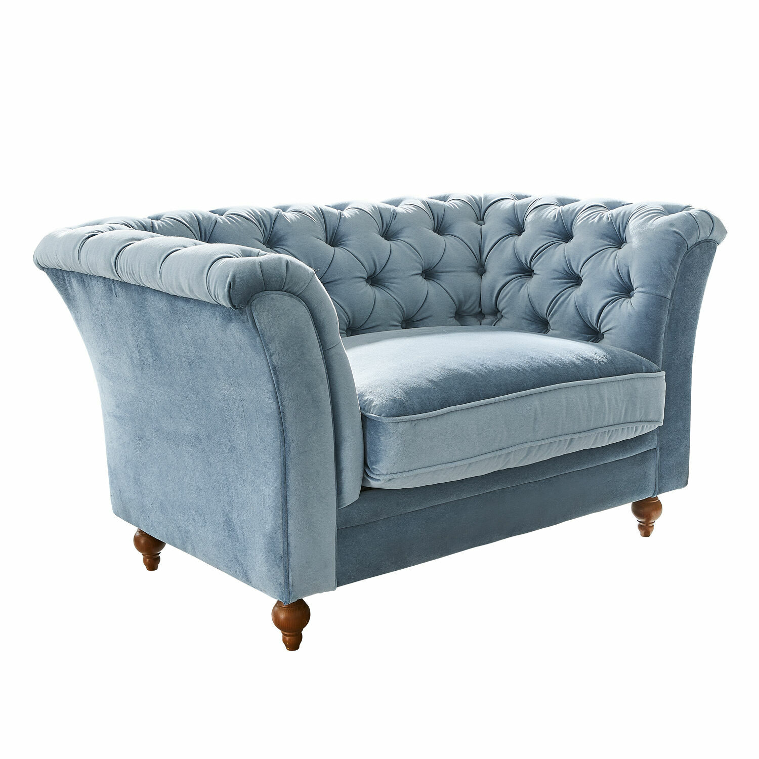 Sofa Clères Niebieska aksamitna sofa Chesterfield z pikowanym oparciem i drewnianymi nogami, elegancki mebel wypoczynkowy