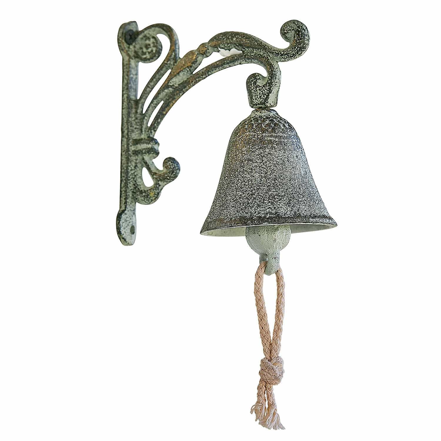 Dzwonek Palerina Metalowy dzwonek ścienny w stylu vintage z szarozielonym wykończeniem i sznurkowym uchwytem
