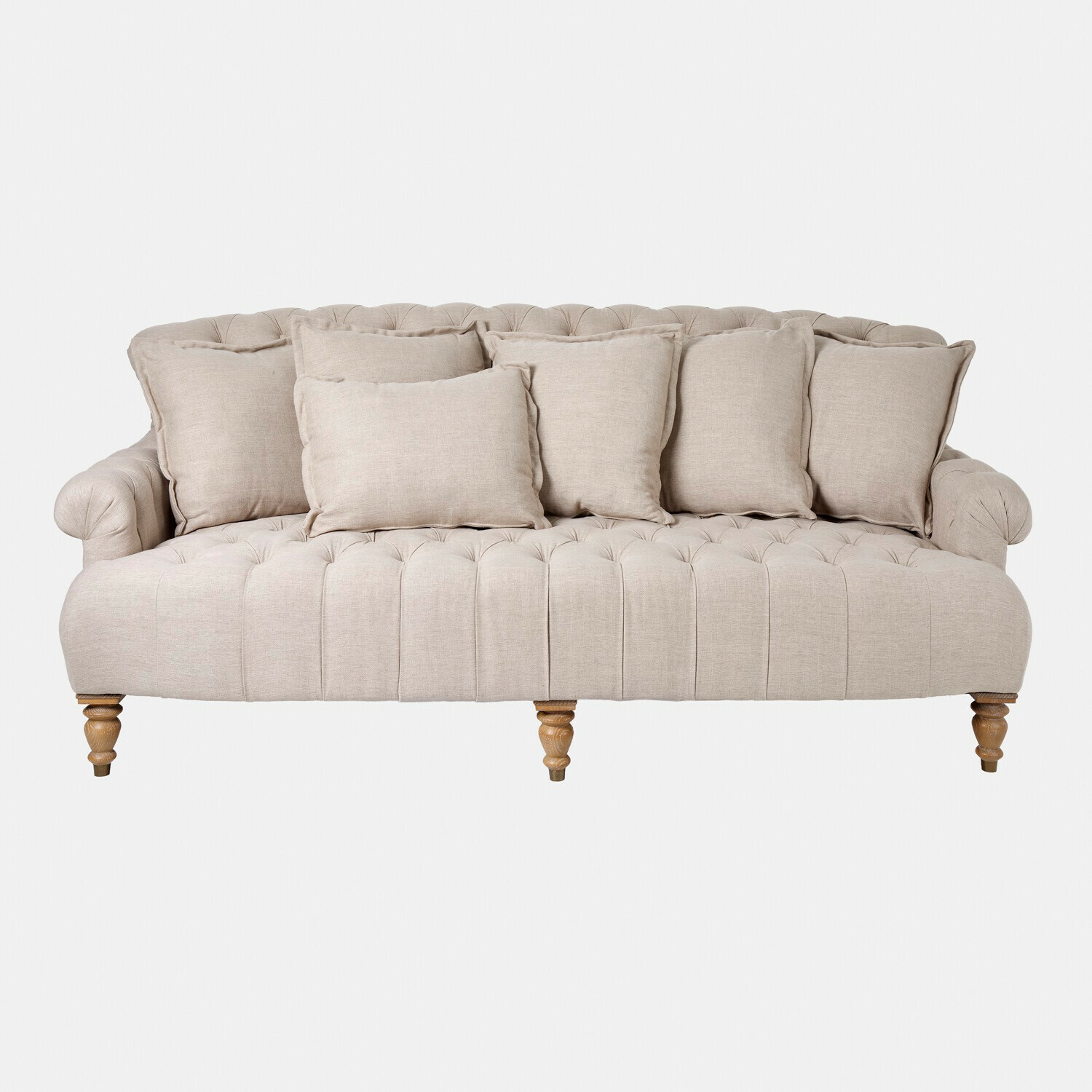 Sofa Springfield Village Beżowa sofa tapicerowana z poduszkami i drewnianymi nogami, wygodne meble do salonu