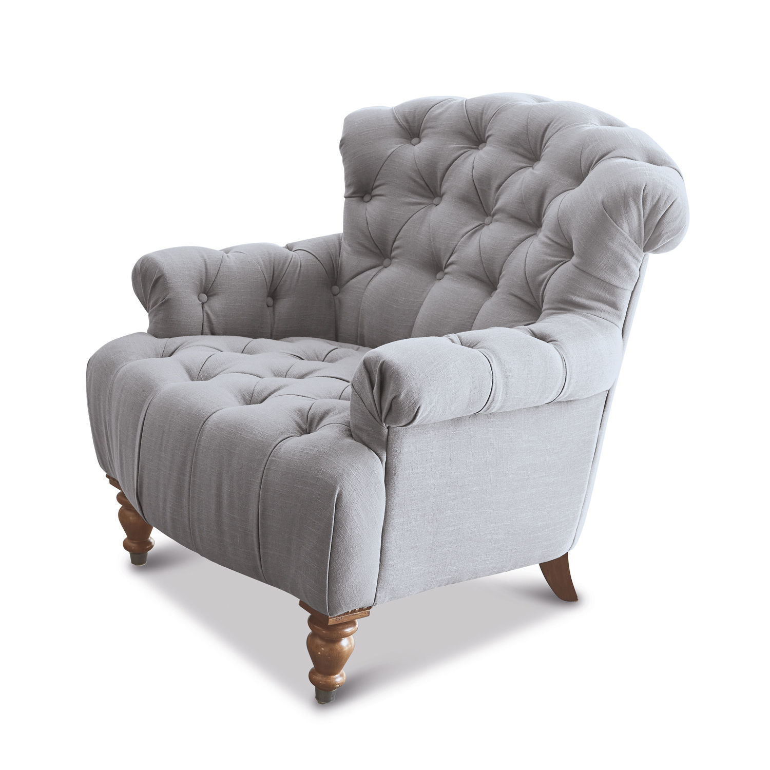 Fotel Springfield Szara tapicerowana sofa z drewnianymi nogami i pikowanym oparciem, wygodny mebel wypoczynkowy