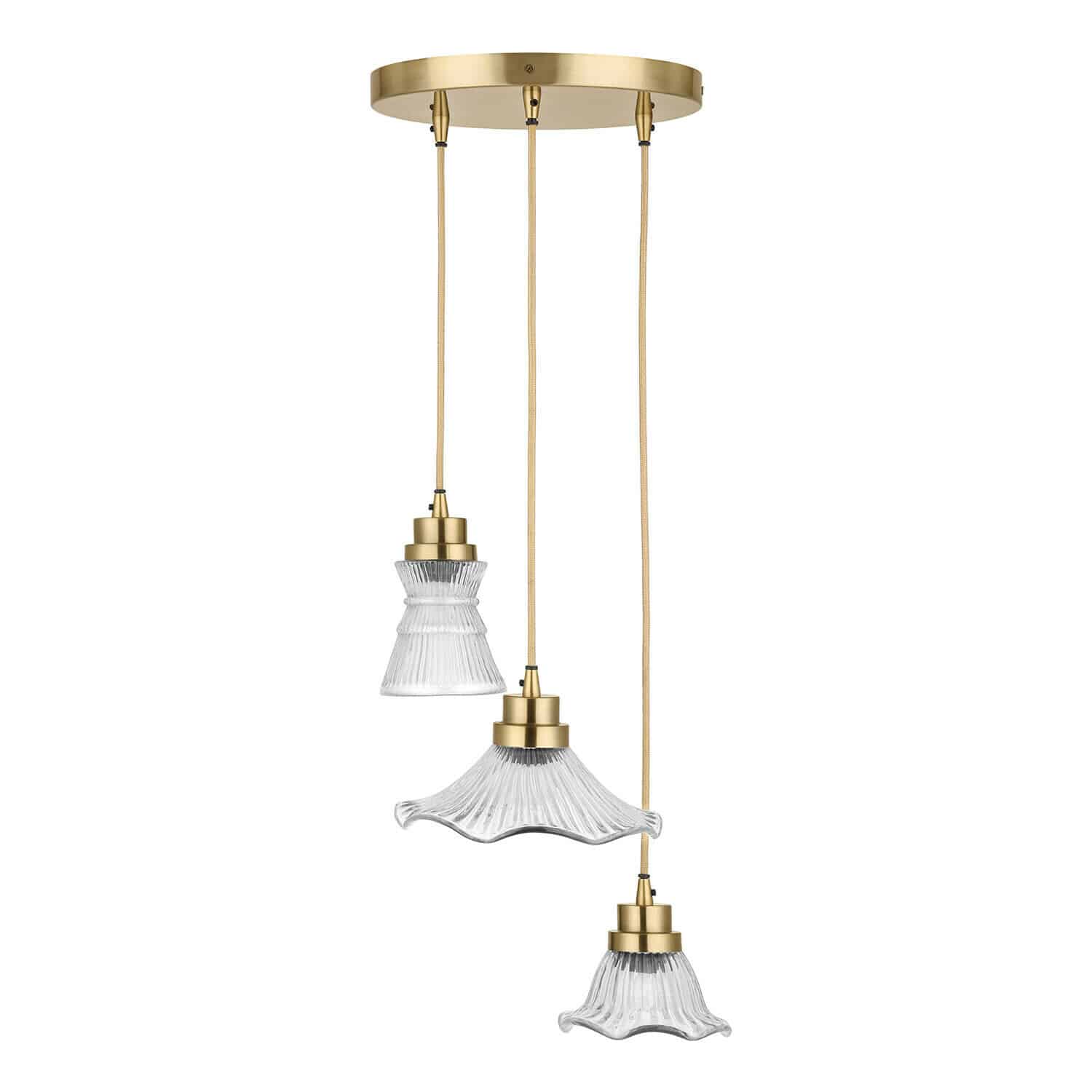 Lampa wisząca, zestaw 3 szt. Lunaras Lampa wisząca z trzema szklanymi kloszami i mosiężnymi elementami, nowoczesny design oświetlenia